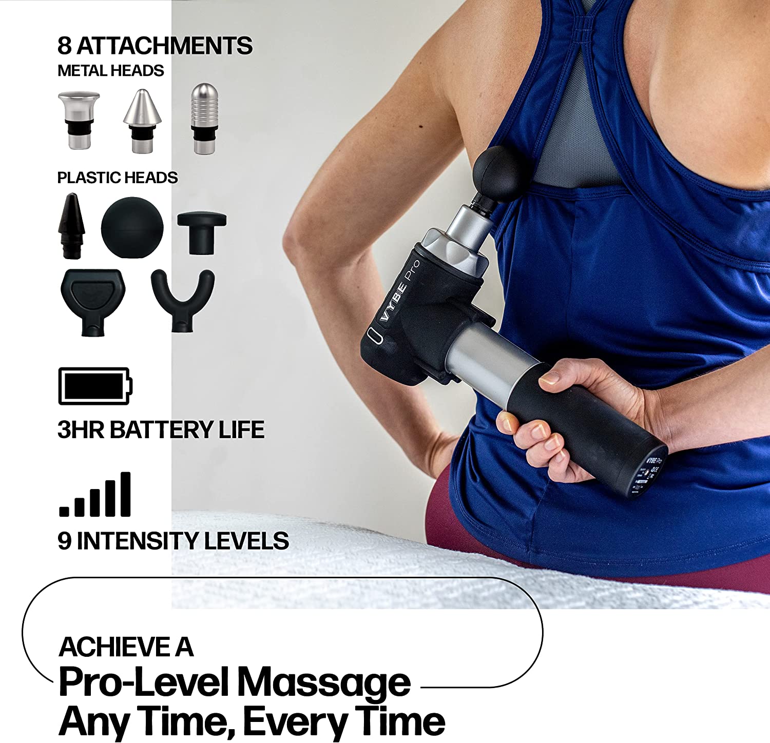 Vybe Pro Muscle Massage Gun for Athletes  C 9 Speeds, 8 Attachments, Quiet & Portable