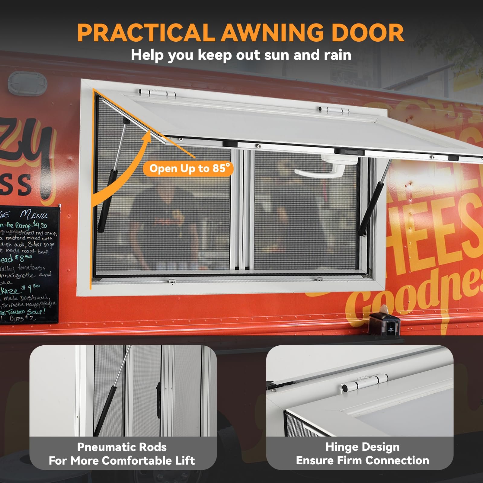 Concession Window 36W x 36H Aluminum Alloy Food Truck Service Window with Sliding Screens & Awning Door, Hydraulic Lift, Locking Mechanism, Versatile for Catering