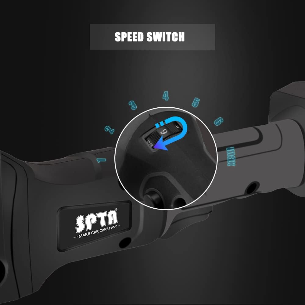 SPTA 18V Cordless Car Polisher Kit, 15mm Orbit, 2000-4800 RPM, 7-Speed, 2 Batteries, 6 Pads, Tool Bag Included