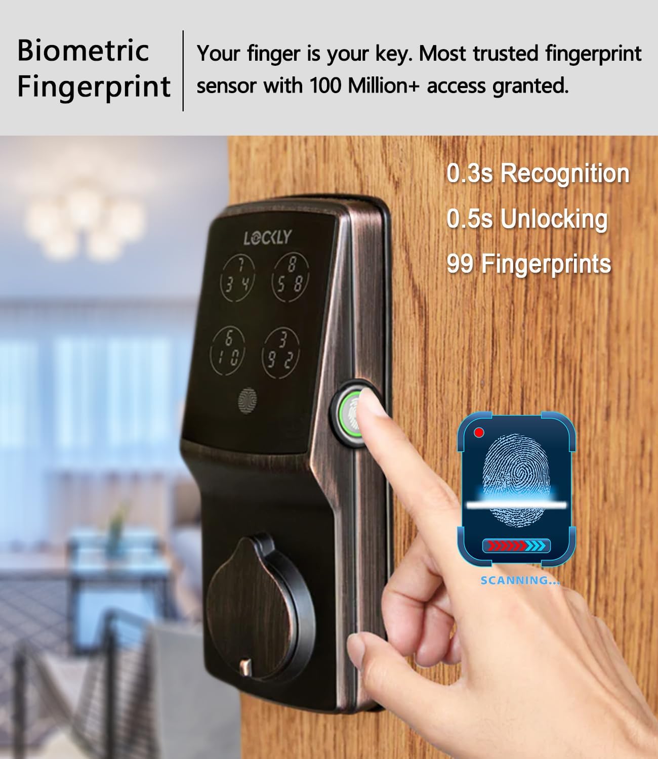 Lockly Smart Door Lock  C Keyless Entry with Biometric Fingerprint, Voice Control, Matte Black, Latch Edition, Wi-Fi & Bluetooth Enabled