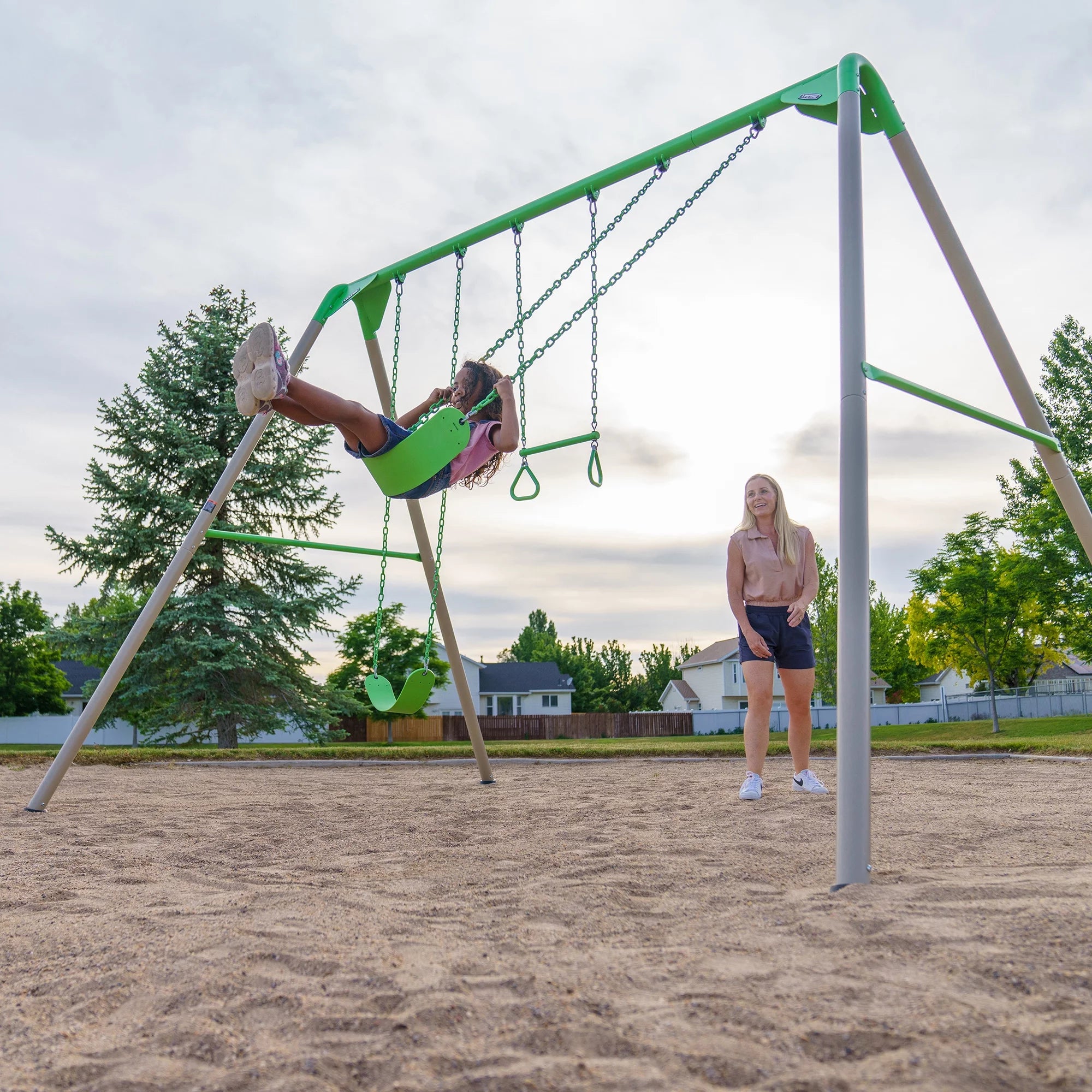 Lifetime Kid's Metal Swing Set with 2 Belt Swings and Trapeze Bar - 9 feet (91206)