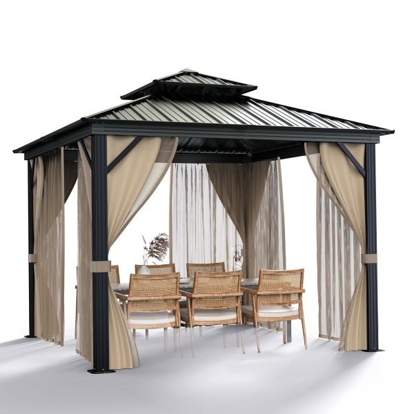 10��x10�� Hardtop Gazebo with double metal roof, aluminum frame, net, and curtain. All-weather, ideal for patio, deck, garden, backyard. Khaki.