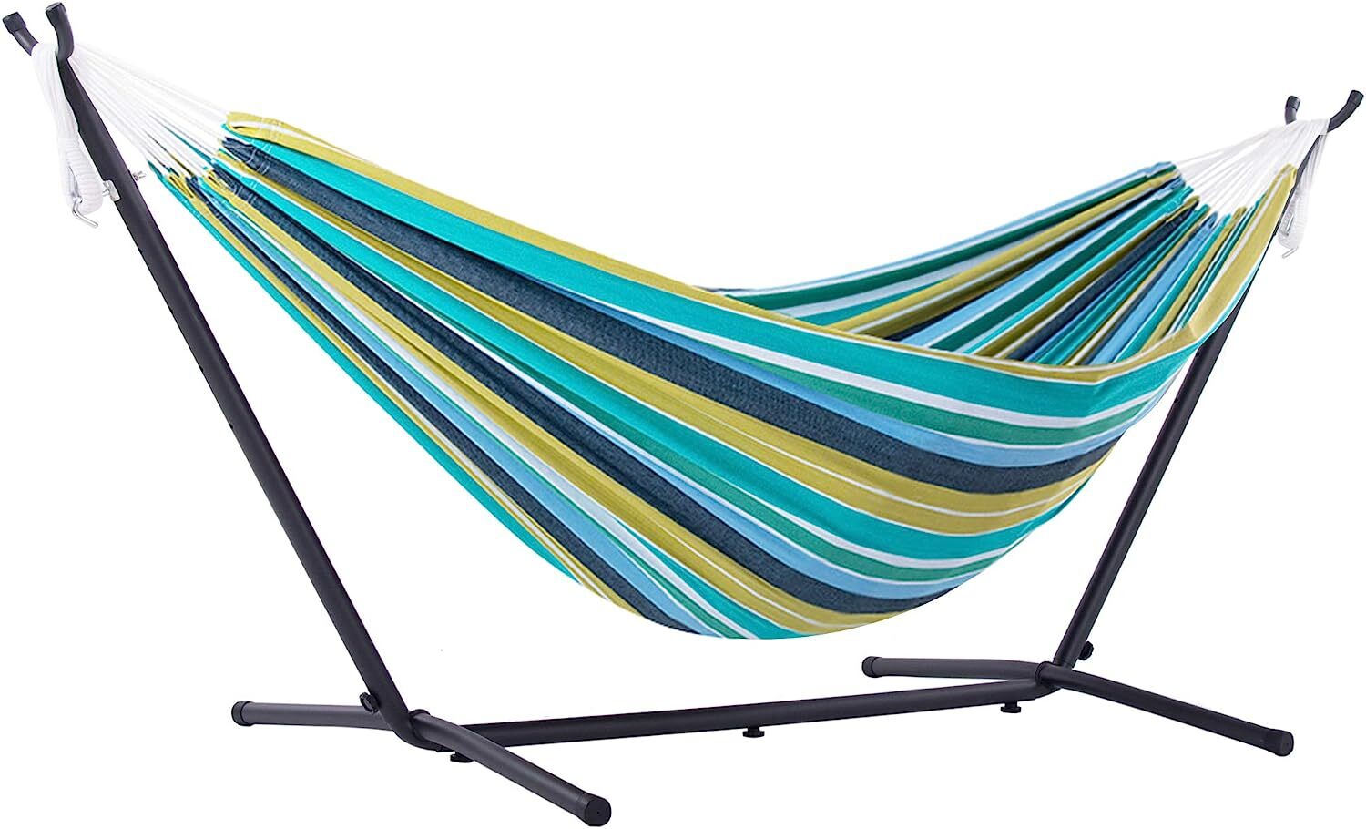 Vivere Double Cotton Hammock with Steel Stand, 450 lb Capacity, Tropical Colors, Includes Premium Carry Bag