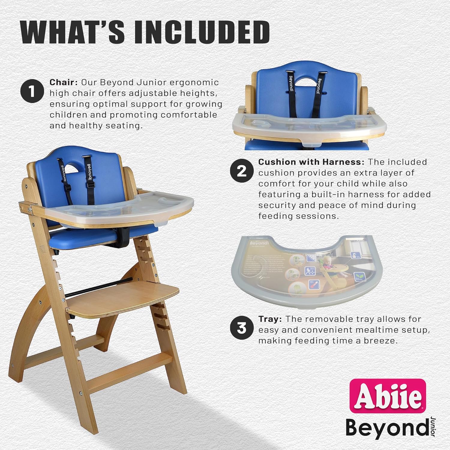 Abiie Beyond Junior High Chair, Adjustable Wood, Dove Grey Cushion, 250 lb Capacity, Stain & Water Resistant