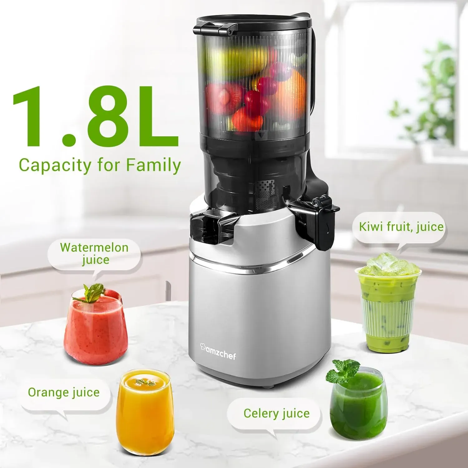 AMZCHEF SJ-036 Masticating Juicer, 250W, Silver, 1.8L Capacity, Self-Feeding, BPA-Free, High Juice Yield, Easy Clean, Cold Press Electric Juicer
