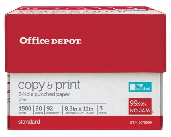 Office Depot Brand 3-Hole Punched Multi-Use Print & Copy Paper, Letter Size (8 1/2 inch x 11 inch), 92 (U.S.) Brightness, 20 lb, White, 500 Sheets per