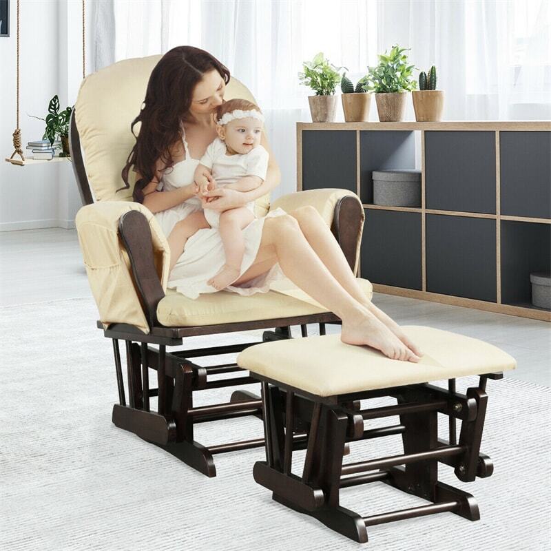 ComfortMax Wooden Glider Rocking Chair with Ottoman & Storage Pocket for Nursery, Supports 396 lbs, Beige