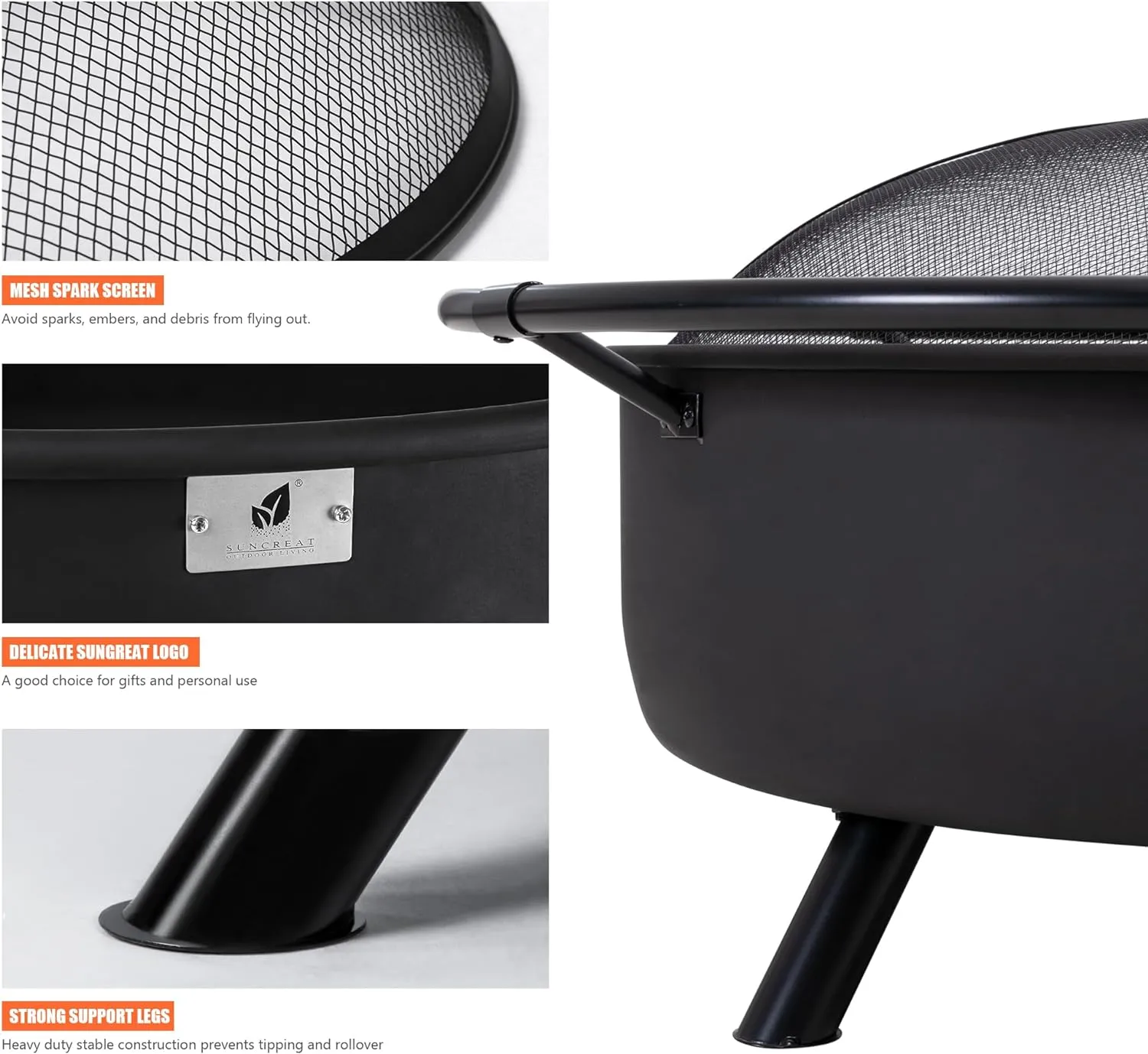 SUNCREAT 42��� Alloy Steel Outdoor Fire Pit, Wood Burning with Spark Screen & Poker, Black, Round Garden Fireplace