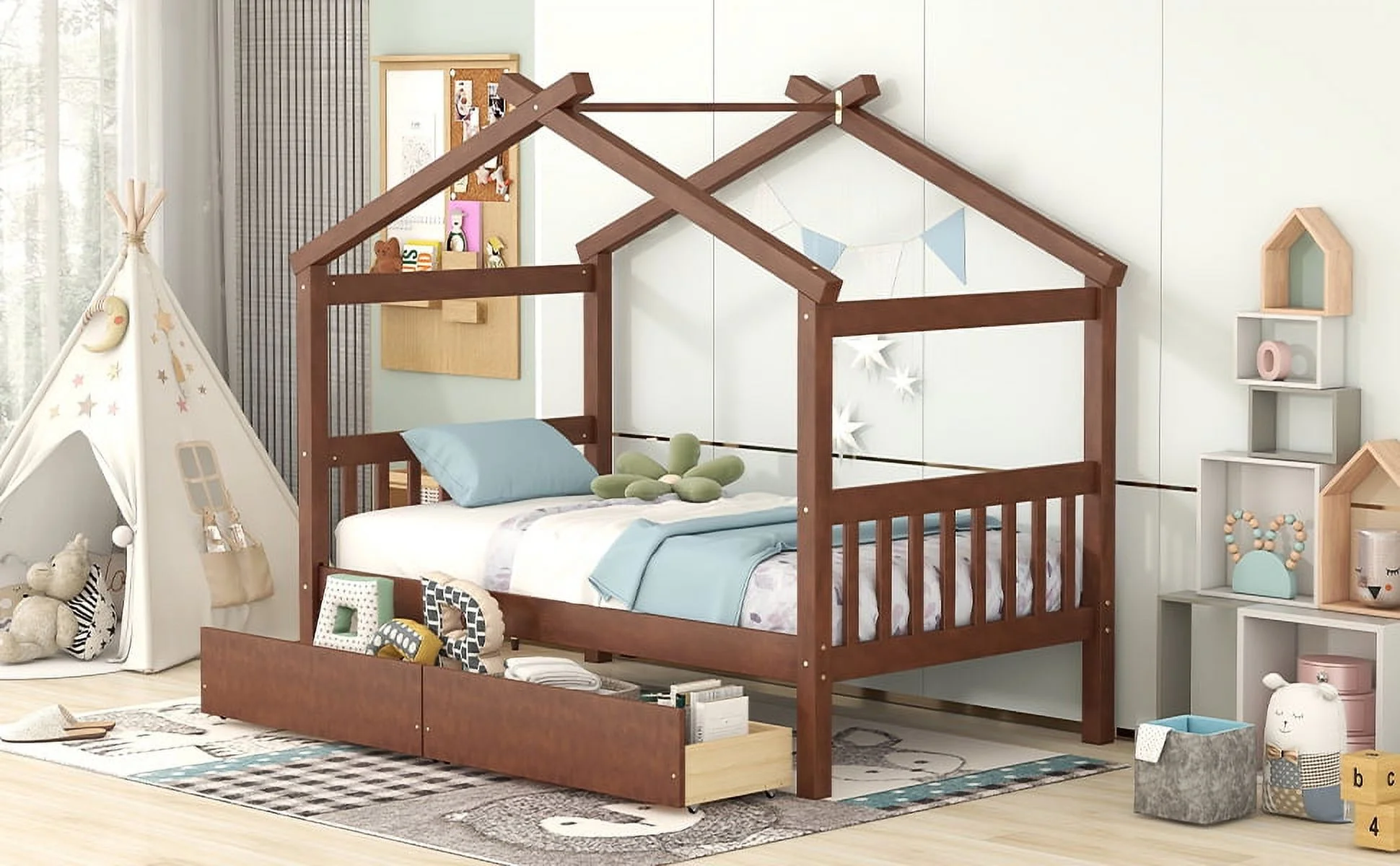 Upgrade your bedroom decor with this cozy and elegant Twin Size Wooden House Bed. Featuring spacious drawers and a stylish walnut finish this bed is the perfect addition to your bedroom.