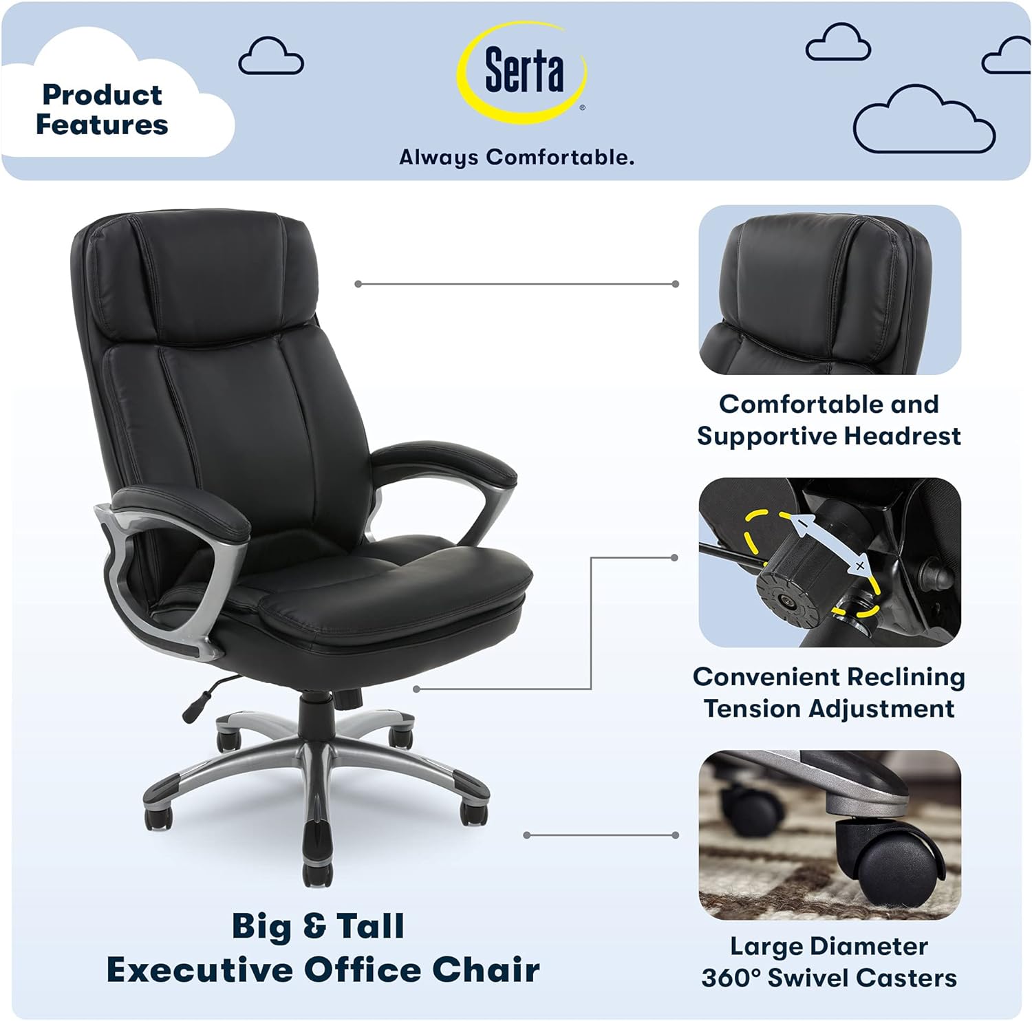 Fairbanks Big and Tall High Back Executive Office Ergonomic Gaming Computer Chair with Layered Body Pillows, Contoured Lumbar Zone, Black