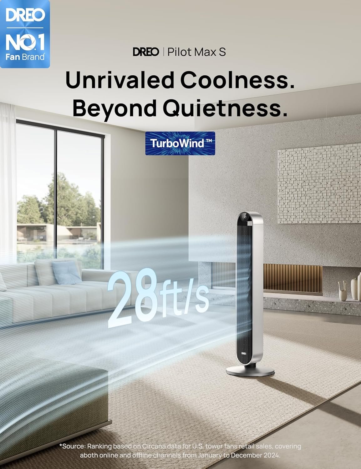 Dreo Tower Fan for Bedroom, 42 Inch 120�� Oscillating Fan, 25dB Quiet DC Motor, 28ft/s Velocity Bladeless Standing Fan with 12 Speeds, 4 Modes, 12H Timer Cooling Fans for Home, Living Room, Pilot Max S