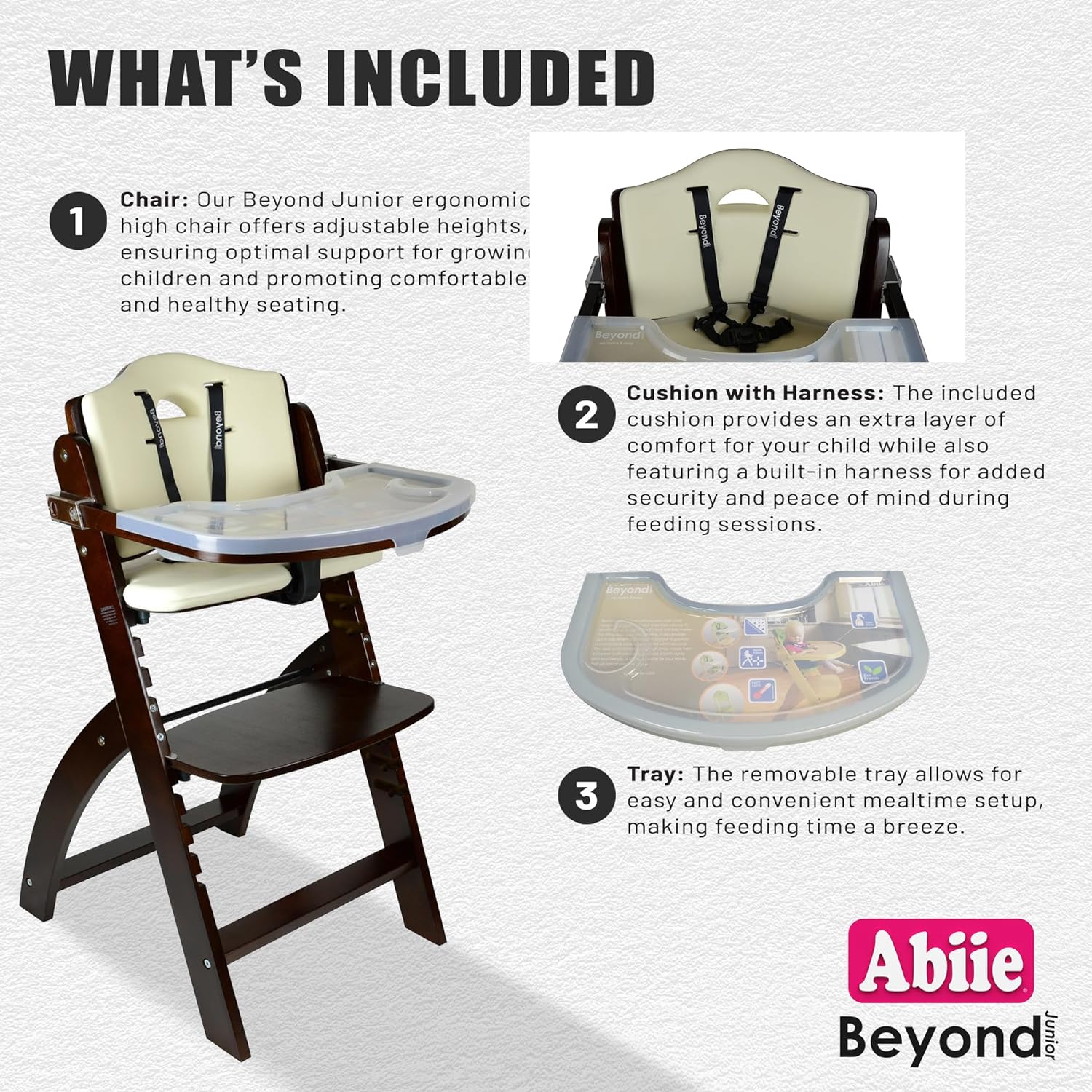 Abiie Beyond Junior High Chair, Adjustable Wood, Dove Grey Cushion, 250 lb Capacity, Stain & Water Resistant