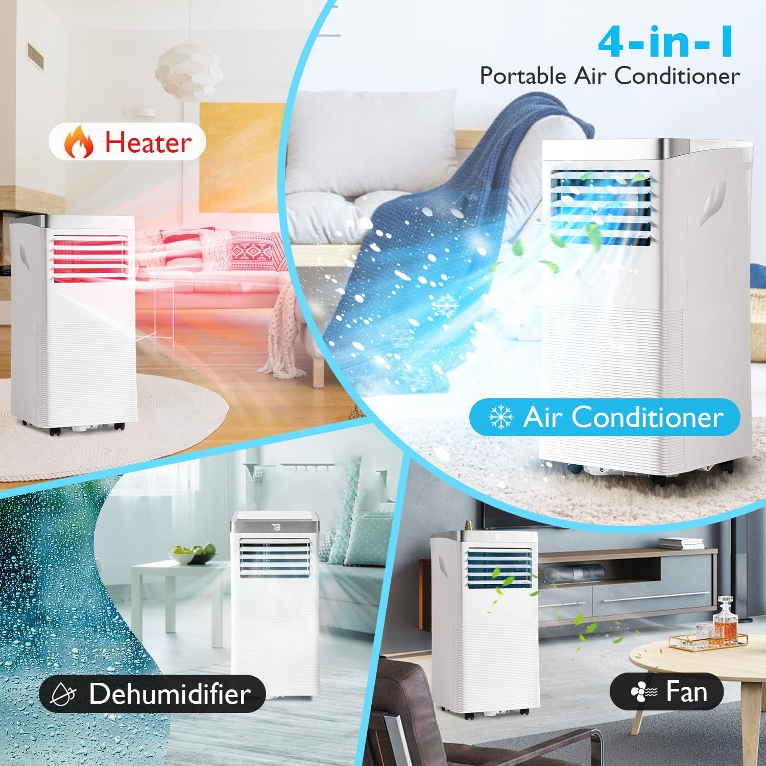 Portable Air Conditioner Cools up to 300 Sq.ft, 4-IN-1 Portable AC Unit with Cooling, Dehumidifier, Fan, 24H Timer (Window Venting Kit Included)