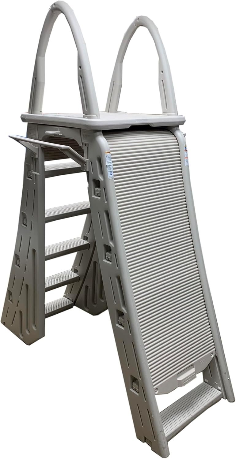 Confer Plastics 7200 Roll Guard 48��� to 56��� Adjustable A Frame Safety Ladder for Above Ground Outdoor Patio Swimming Pool Platform Ladder with Step Barrier, Warm Grey...
