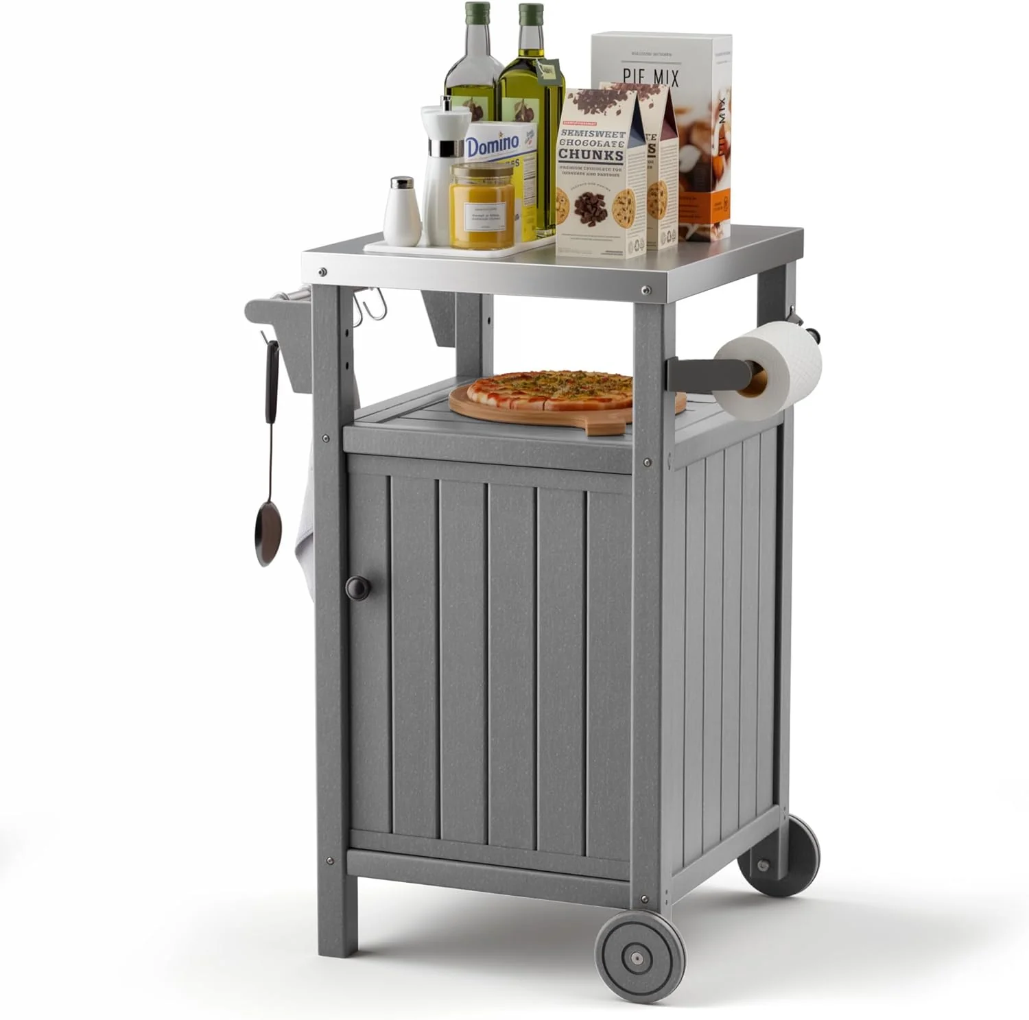 Portable Outdoor Grill Prep Table with Storage, Waterproof Grill Cabinet, Stainless-Steel Tabletop Kitchen Island, BBQ Cart with Wheels and Hooks | Brown