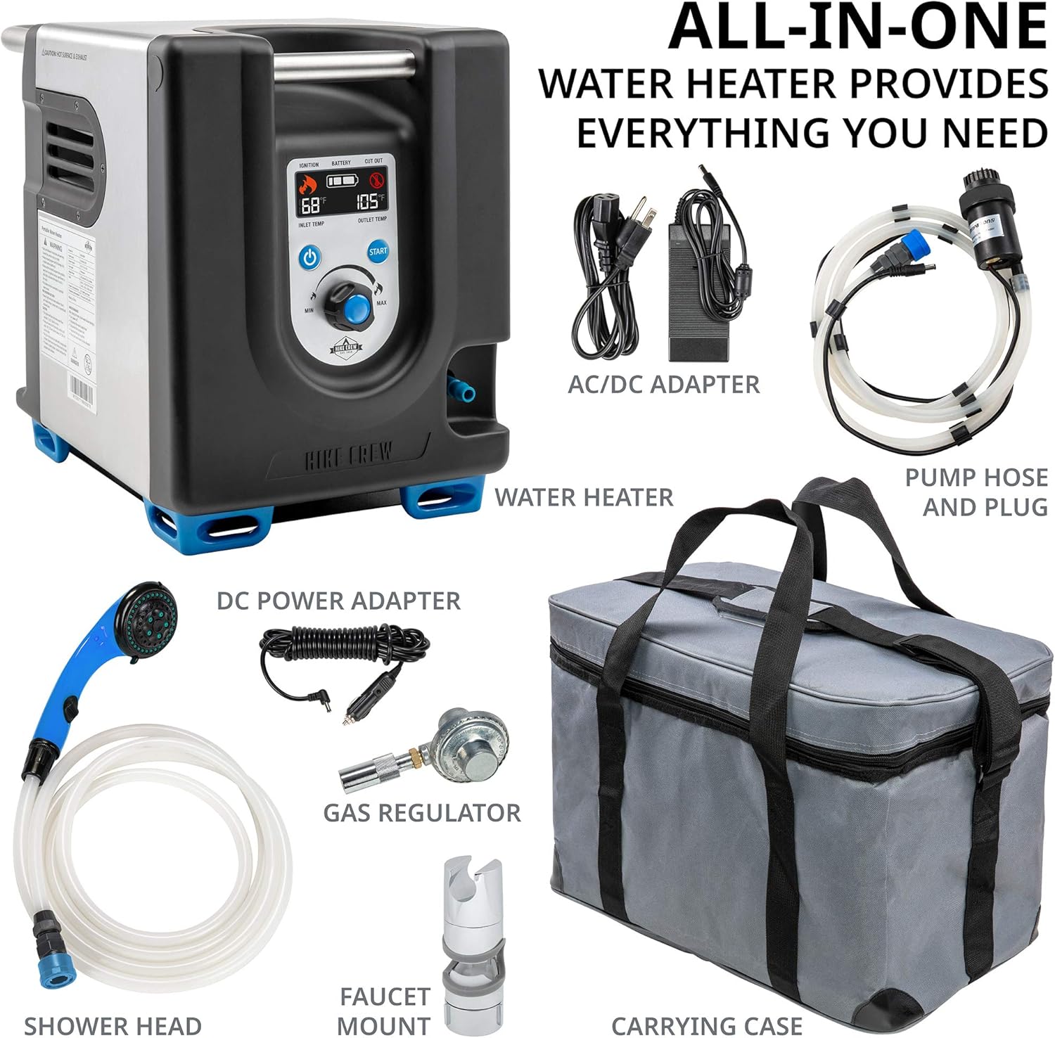 Portable Propane Water Heater & Shower Pump w/Built-in Battery | Compact Outdoor Cleaning & Showering System w/LCD, Safety Shutoff & Carry Case, Instant Hot Water for Camping & Hiking
