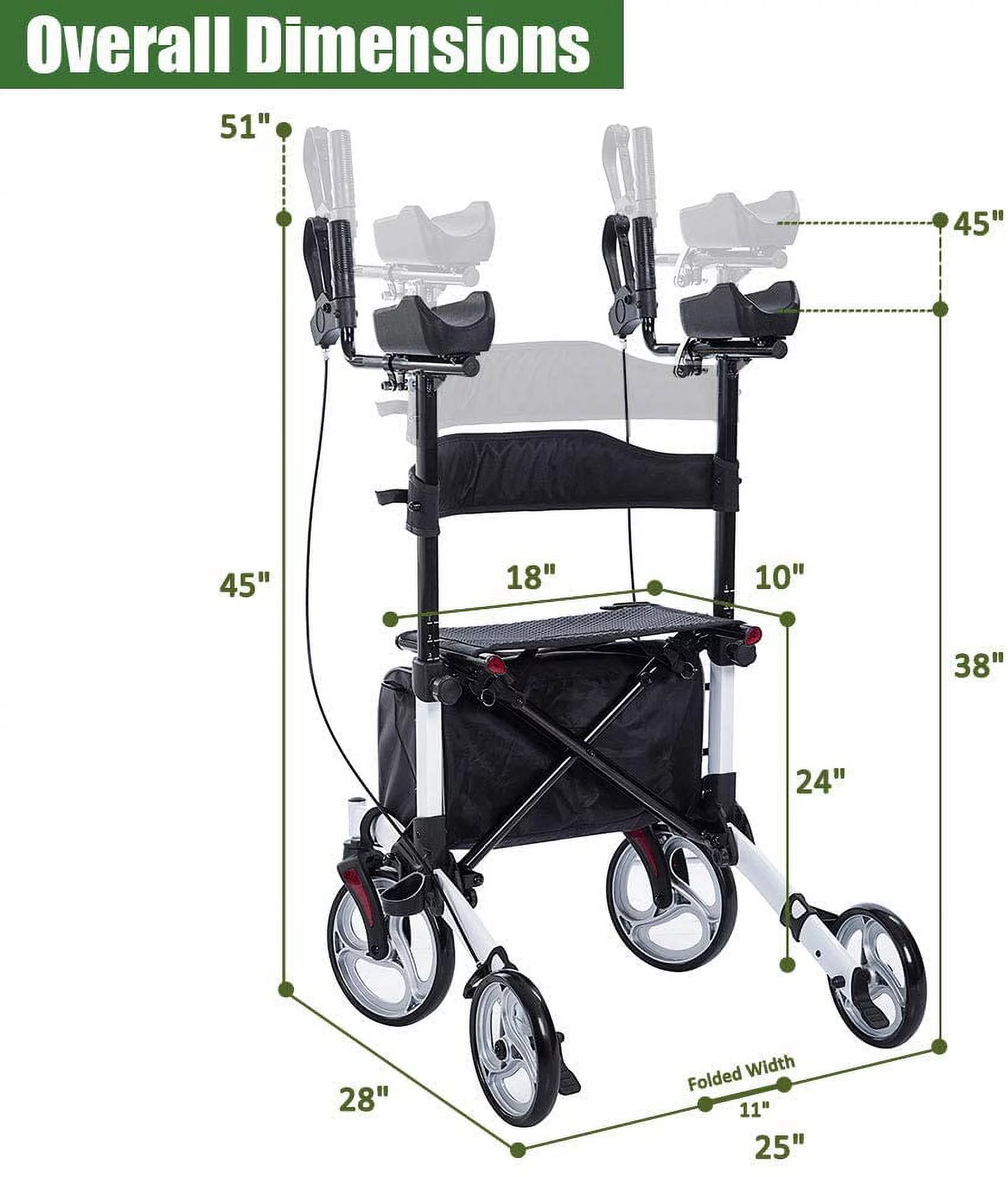 BEYOUR WALKER Upright Walker, 10    Wheels, Adjustable Armrest, Foldable Rollator for Seniors, White