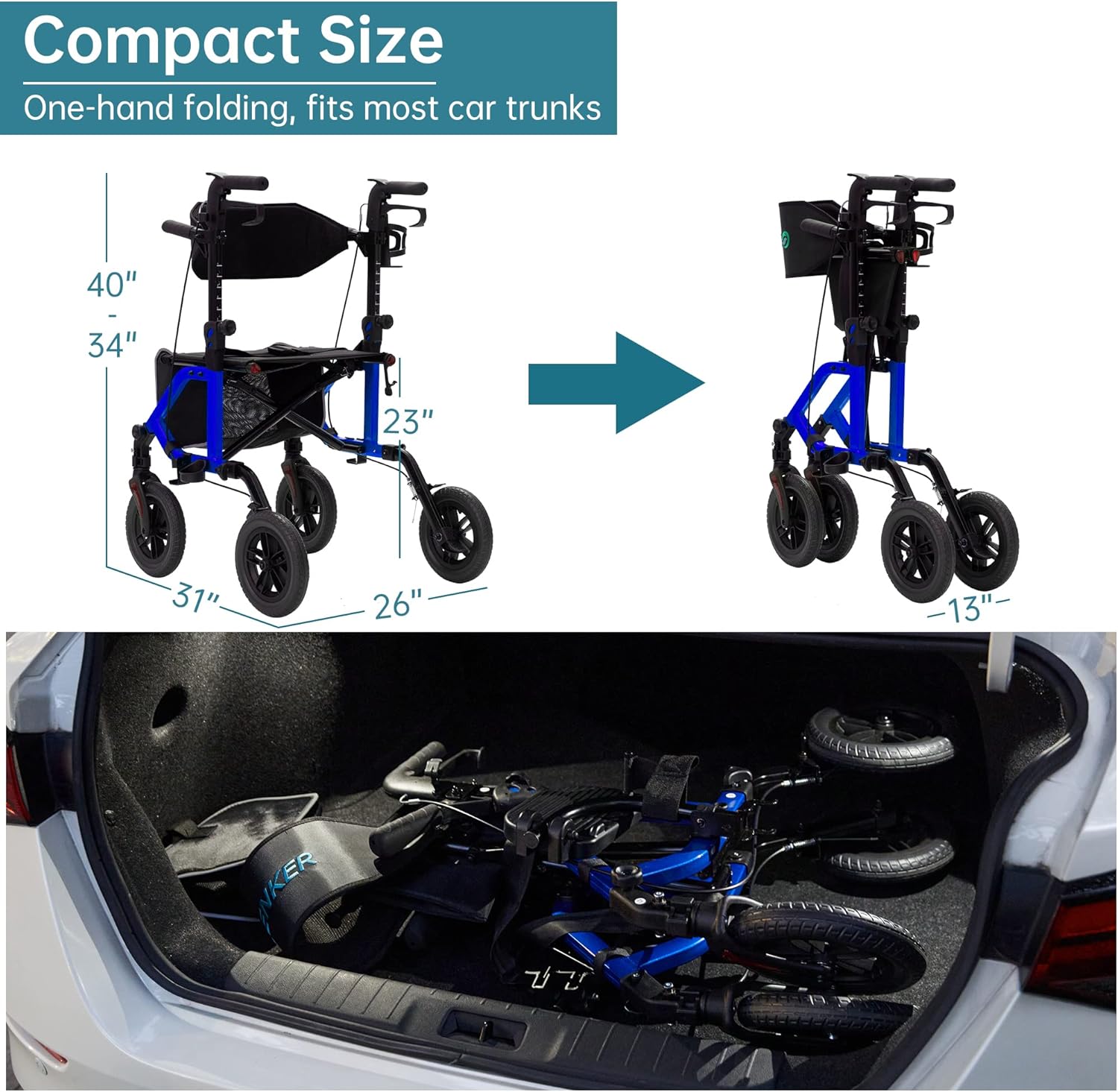 Blue All-Terrain 2-in-1 Rollator Walker & Transport Chair with 10   Non-Pneumatic Wheels, Folding Design, Reversible Backrest & Detachable Footrests for Seniors