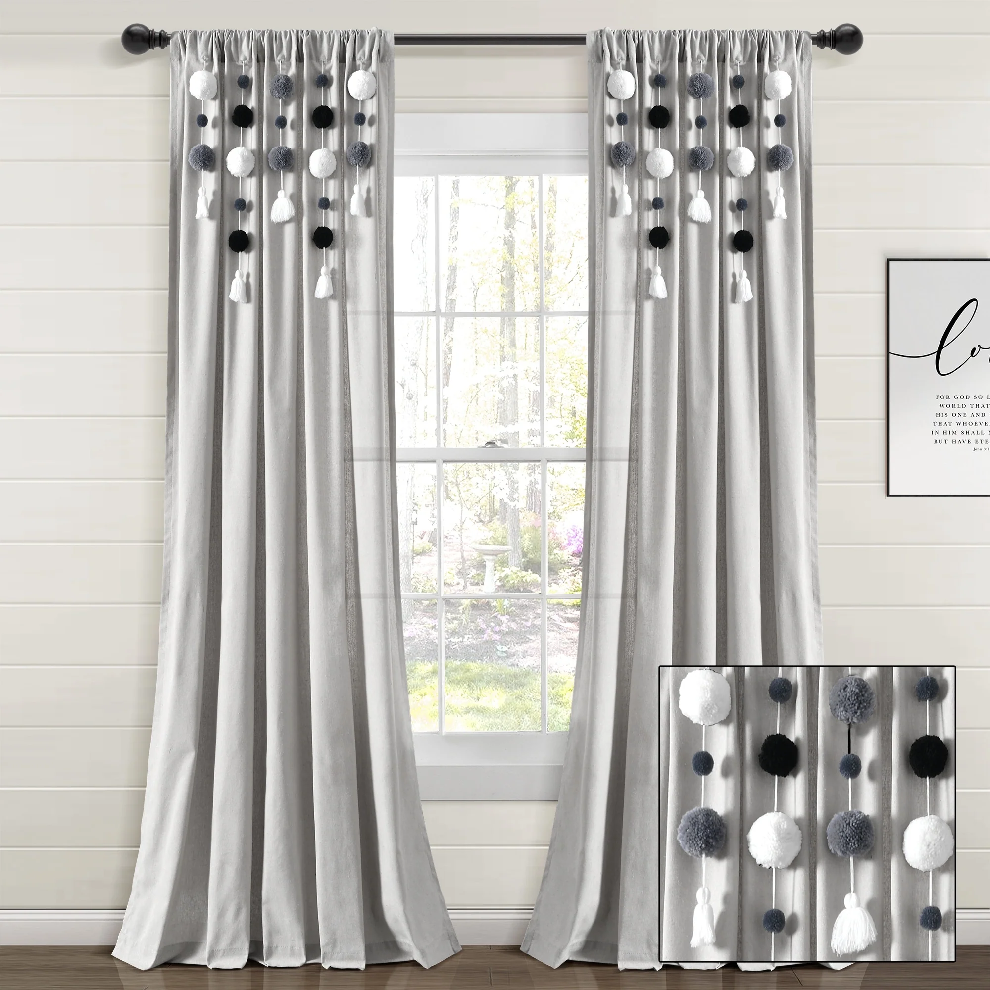 Lush Decor Boho Pom Pom Tassel Linen Window Curtain Panel (Single)