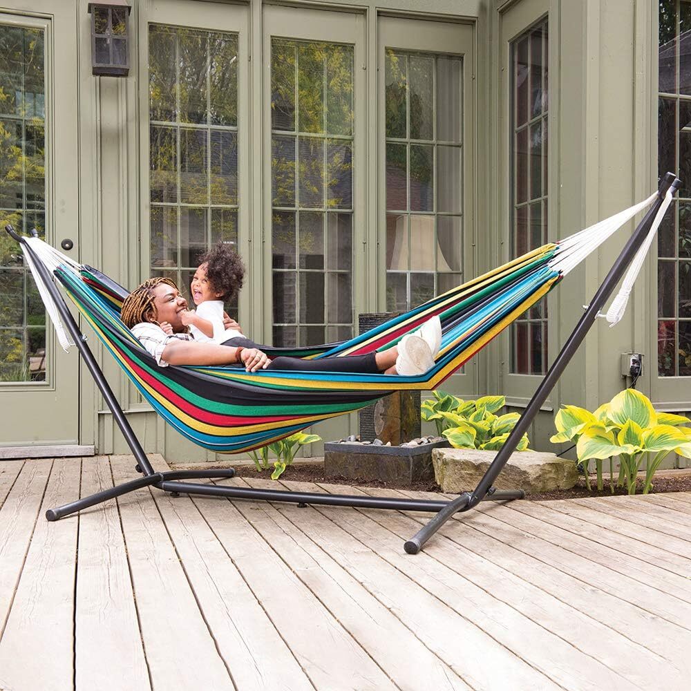 Vivere Double Cotton Hammock with Steel Stand, 450 lb Capacity, Tropical Colors, Includes Premium Carry Bag