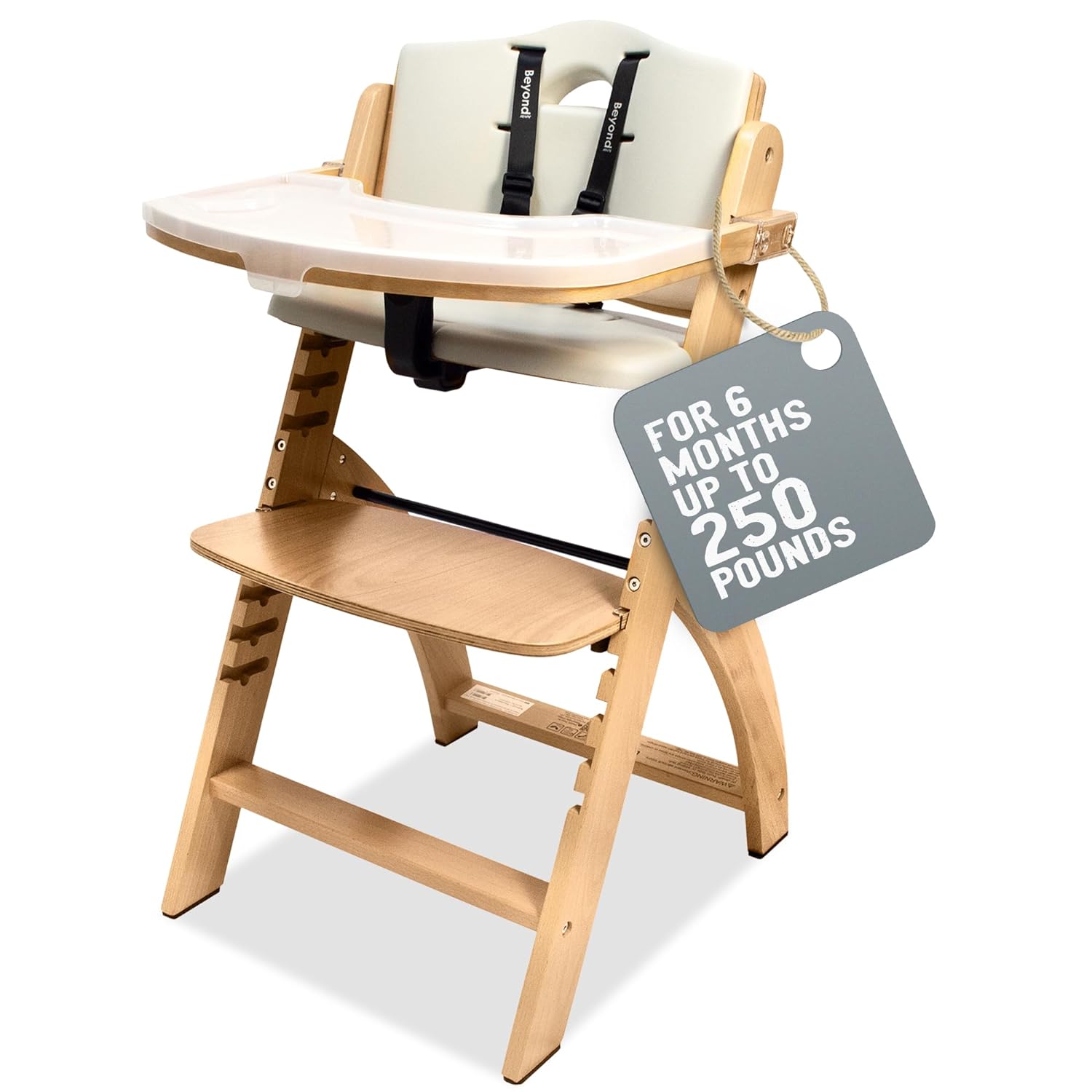 Abiie Beyond Junior High Chair, Adjustable Wood, Dove Grey Cushion, 250 lb Capacity, Stain & Water Resistant