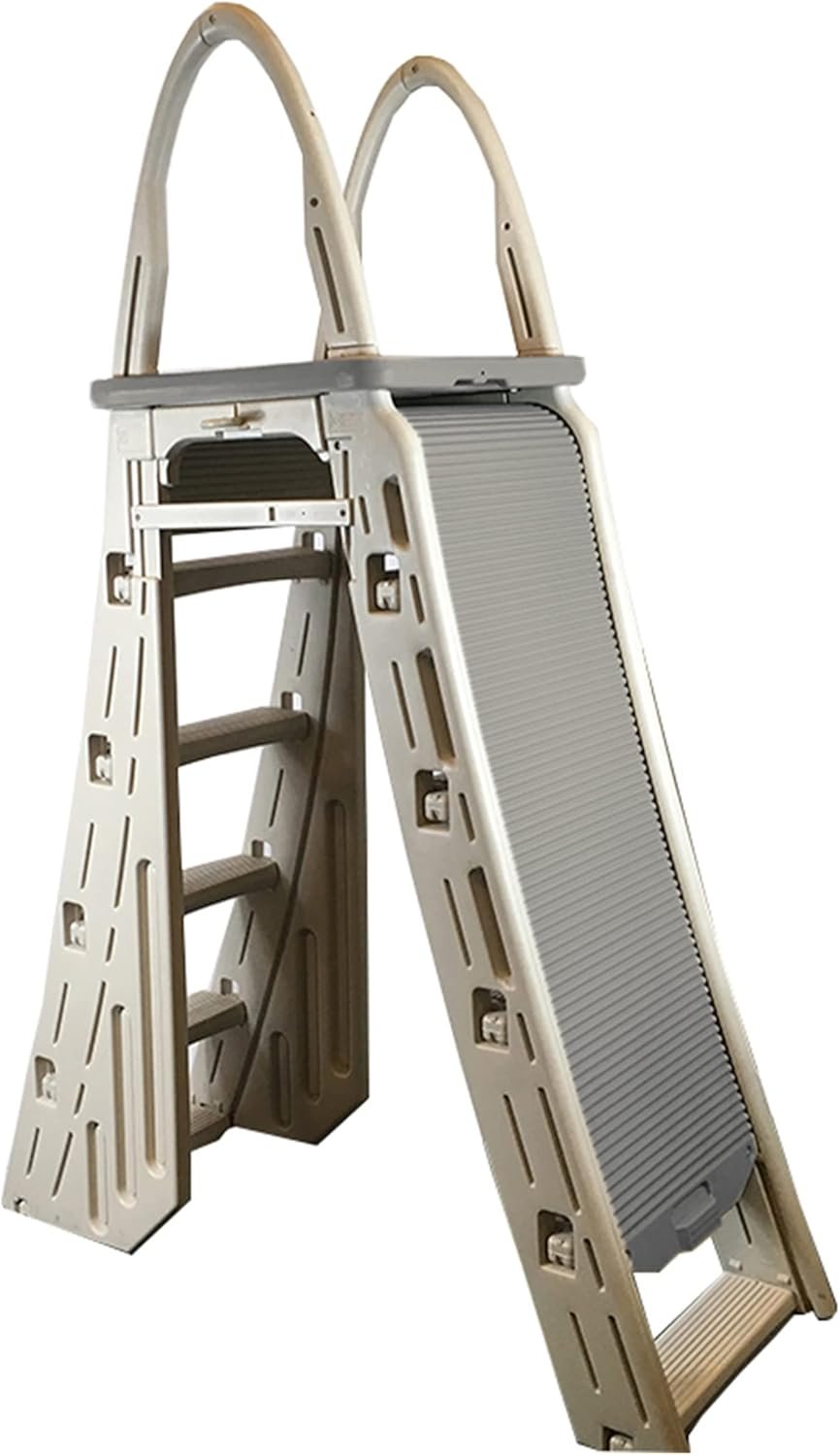 Confer Plastics 7200 Roll Guard 48��� to 56��� Adjustable A Frame Safety Ladder for Above Ground Outdoor Patio Swimming Pool Platform Ladder with Step Barrier, Warm Grey...