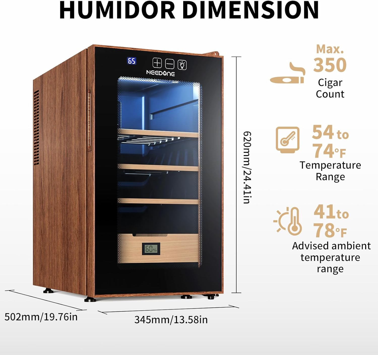 ThermoCigar 48L Cigar Humidor with Heating & Cooling, Cedar Wood, Digital Hygrometer, Quiet Electric Cooler for 350 Cigars