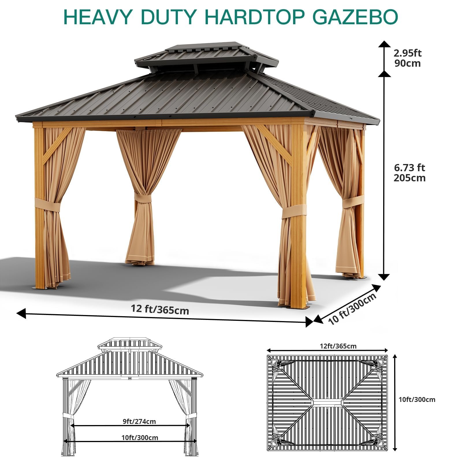 10X13 FT Outdoor Galvanised Steel Hardtop Gazebo, Heavy Duty Double Roof Outdoor Gazebo with Netting and Sunshade Curtains, Aluminium Framed Gazebo for Patio, Terrace, Lawn and Deck, Khaki