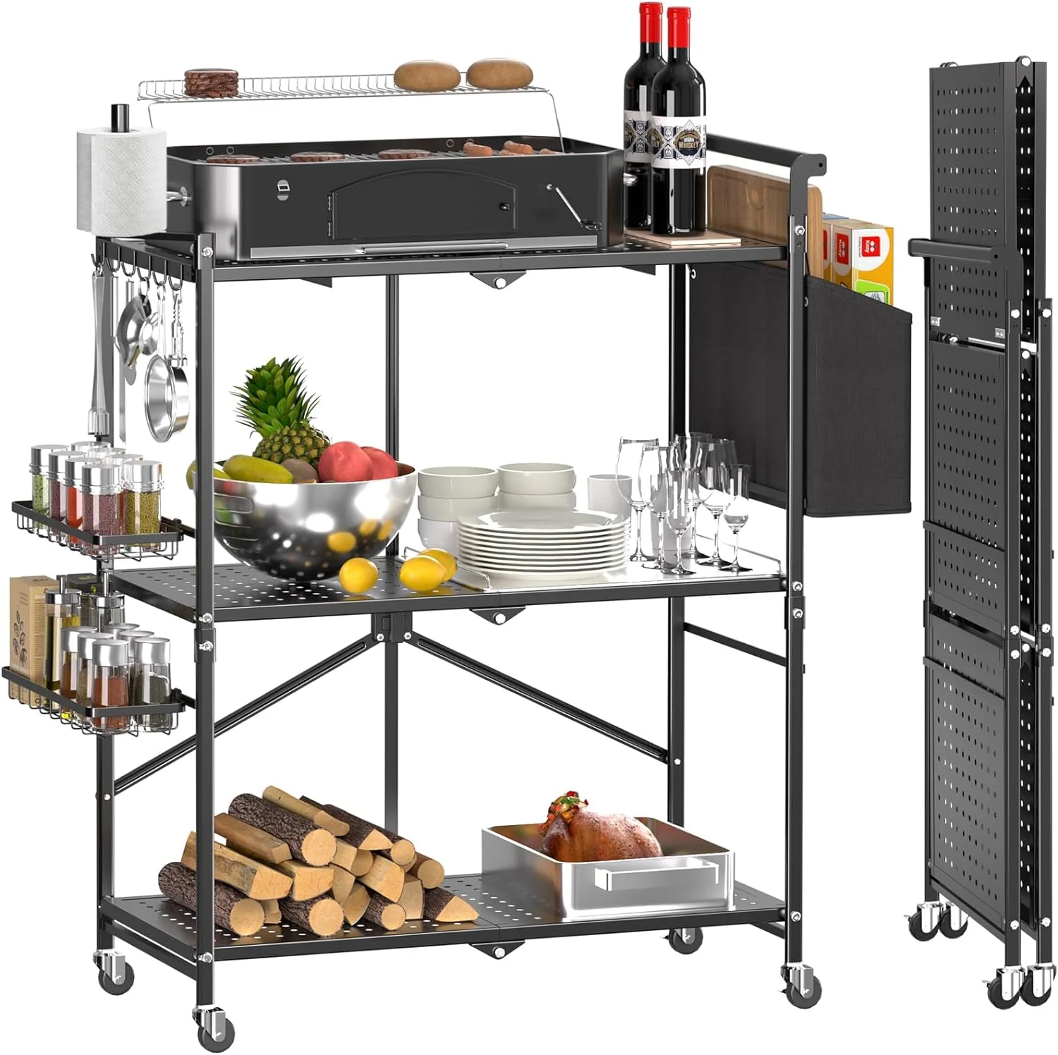 Foldable Outdoor Grill Cart with 3-Tier and Pizza Oven Stand Table - Rolling BBQ Table