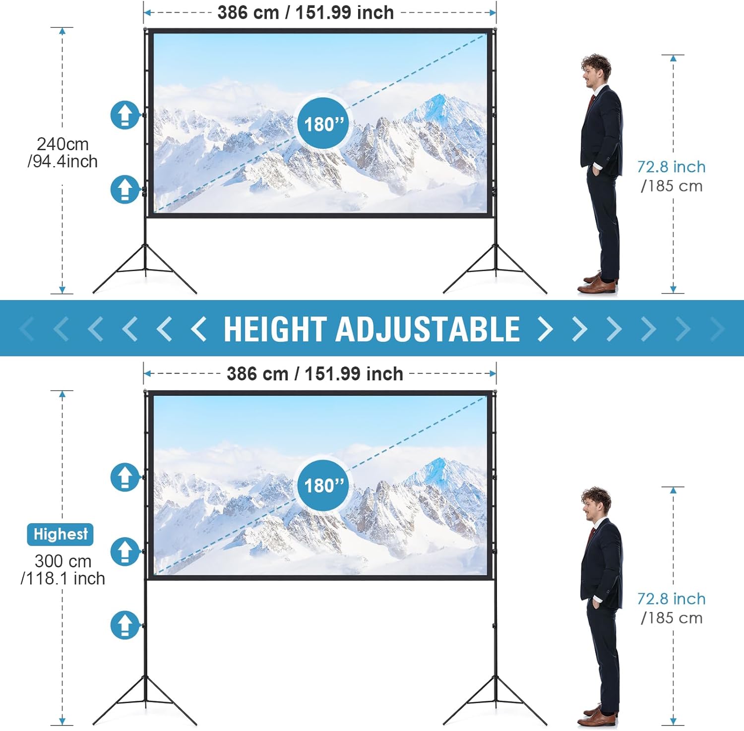 Projector Screen and Stand 180 Inch, Outdoor Portable Projector Movie Screen Pull Down, Indoor Projections Screen with Stand 16:9 4K Full HD Support Height Adjustable for Home Theater Camping