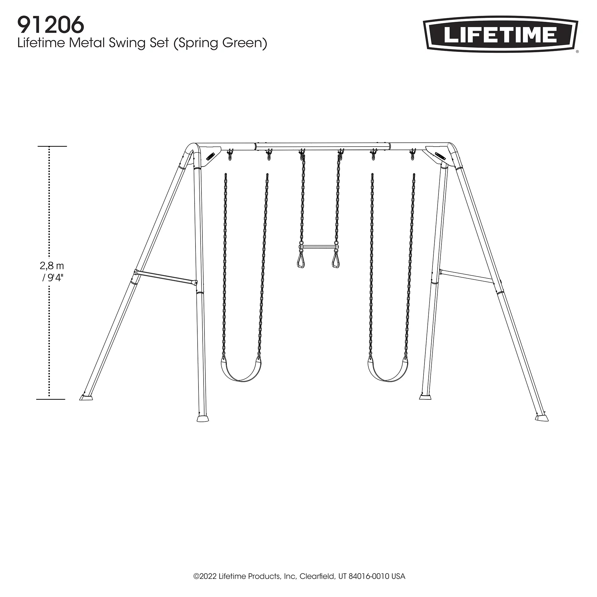 Lifetime Kid's Metal Swing Set with 2 Belt Swings and Trapeze Bar - 9 feet (91206)