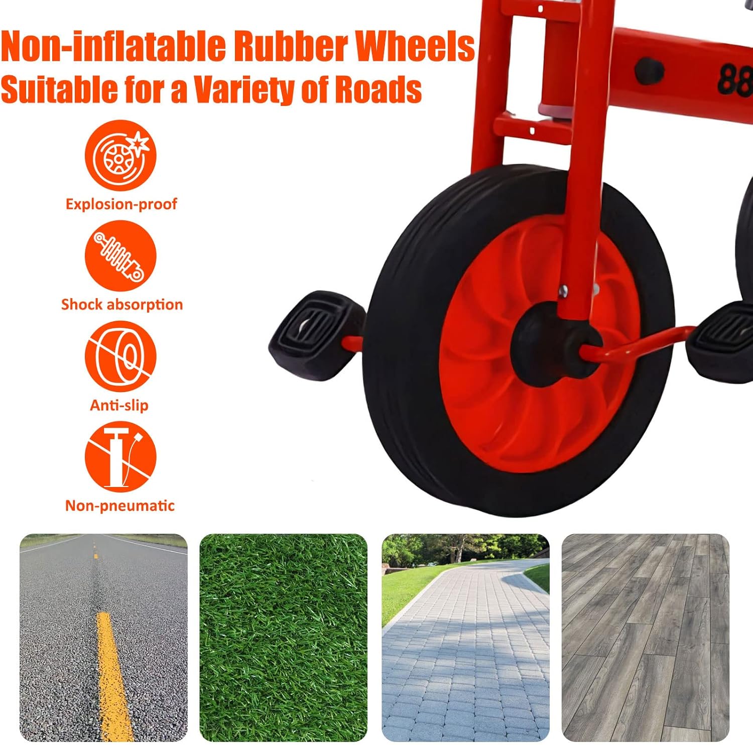 Double Seat Tandem Tricycle for Kids Ages 3-8, Carbon Steel Frame, Inflation-Free Rubber Wheels, Outdoor Play Equipment