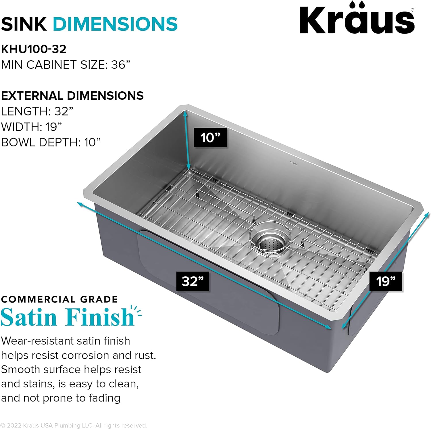 KHU100-32 Standart PRO 16 Gauge Undermount Single Bowl Stainless Steel Kitchen Sink, 32 Inch