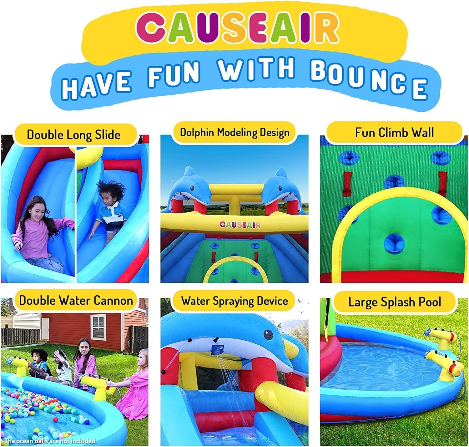 Inflatable Bounce House with Double Slide,Dolphin Styling,Splashing Pool,Double Water Cannon,Climbing Wall,Heavy Duty GFCI Blower,Inflatable Water Park Slide for Kids Backyard Summer