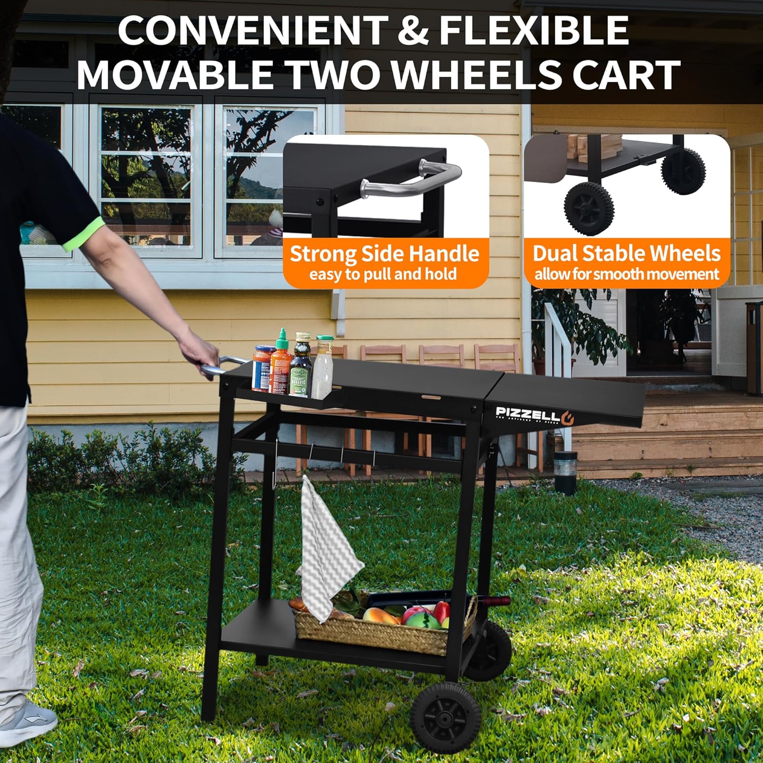 Movable Outdoor Grill Cart with Double-Shelf Trolley and Foldable Tabletop