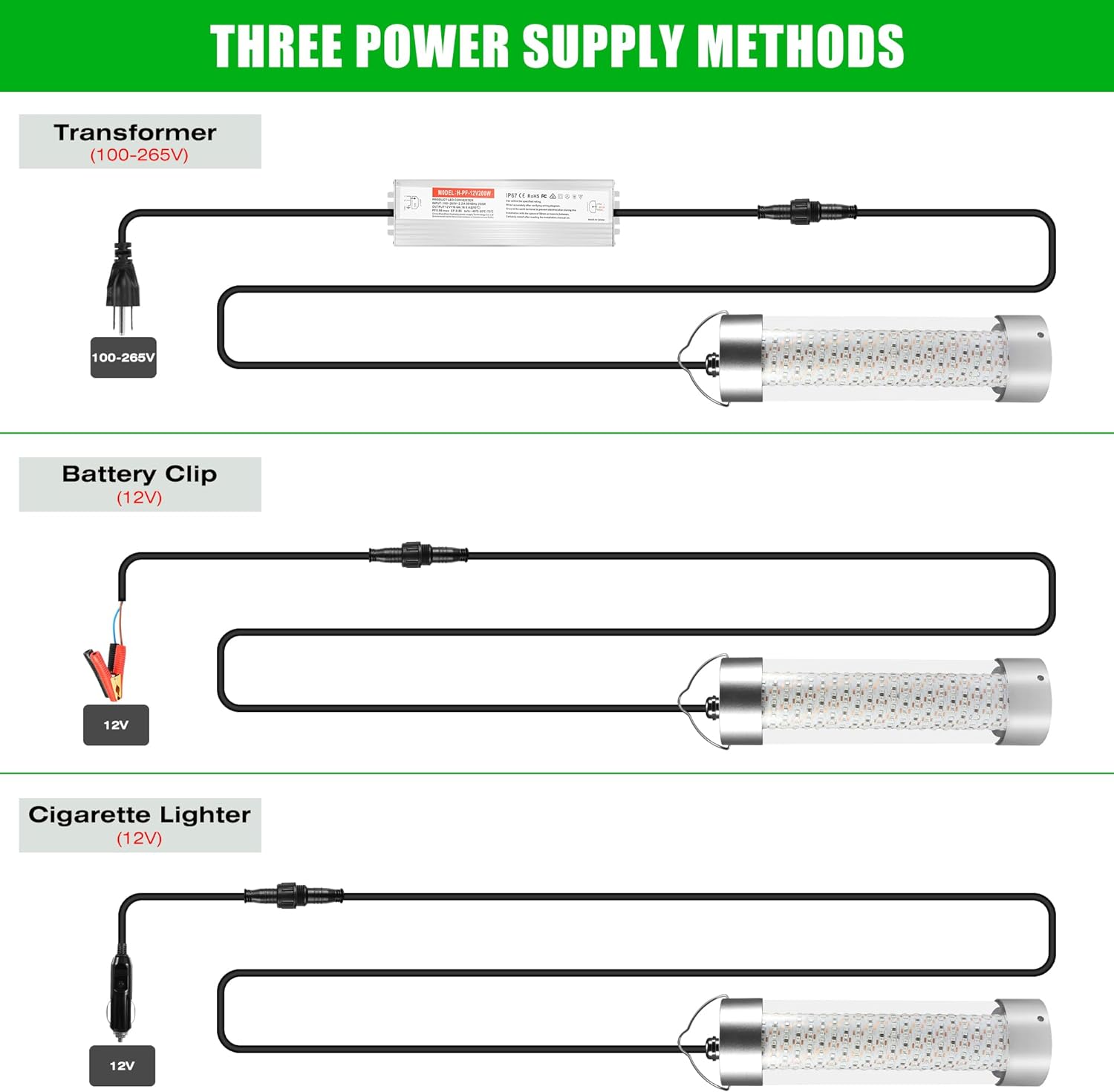 Underwater Fishing Light, 10000~80000lm 100W / 300W / 400W / 800W, 12V / 110V / 220V Green Night Fishing Attractor IP68 Submersible Lamp for Crappie Snook Squid Shrimp, 49ft/33ft/16ft Wire