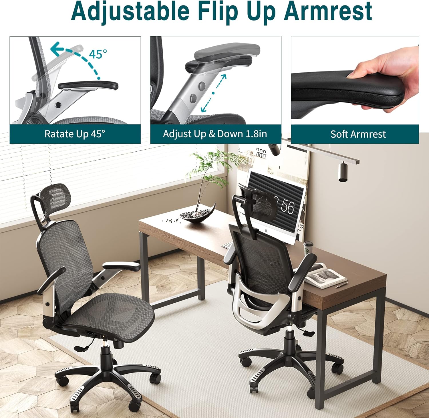 Ergonomic Mesh Office Chair, High Back Desk Chair - Adjustable Headrest with Flip-Up Arms, Tilt Function, Lumbar Support and PU Wheels, Swivel Computer Task Chair