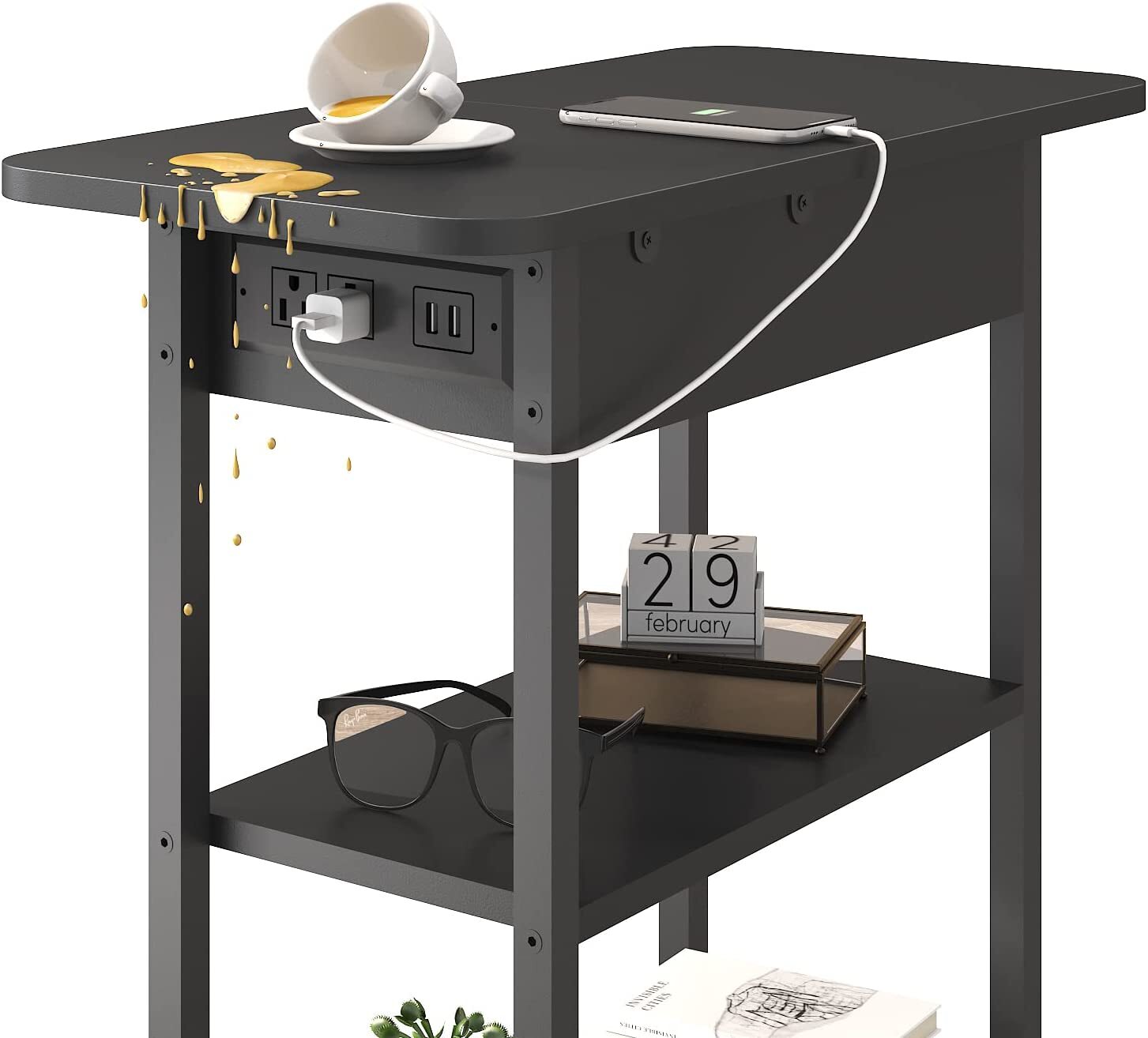 Flip Top End Table with Charging Station  C USB Ports & Outlets, Storage Shelf, Ideal for Living Room & Bedroom by [Brand Name]