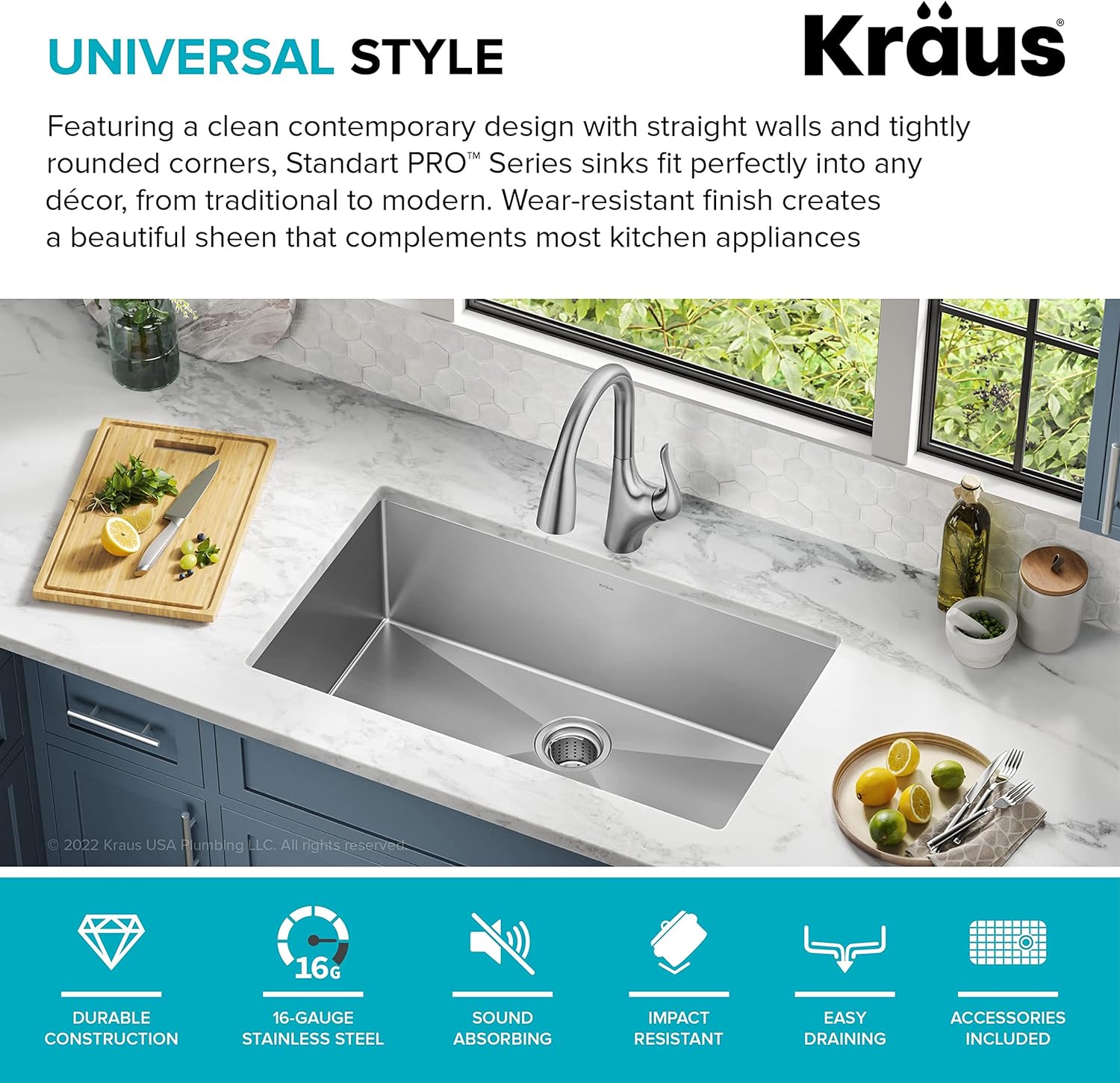KHU100-32 Standart PRO 16 Gauge Undermount Single Bowl Stainless Steel Kitchen Sink, 32 Inch