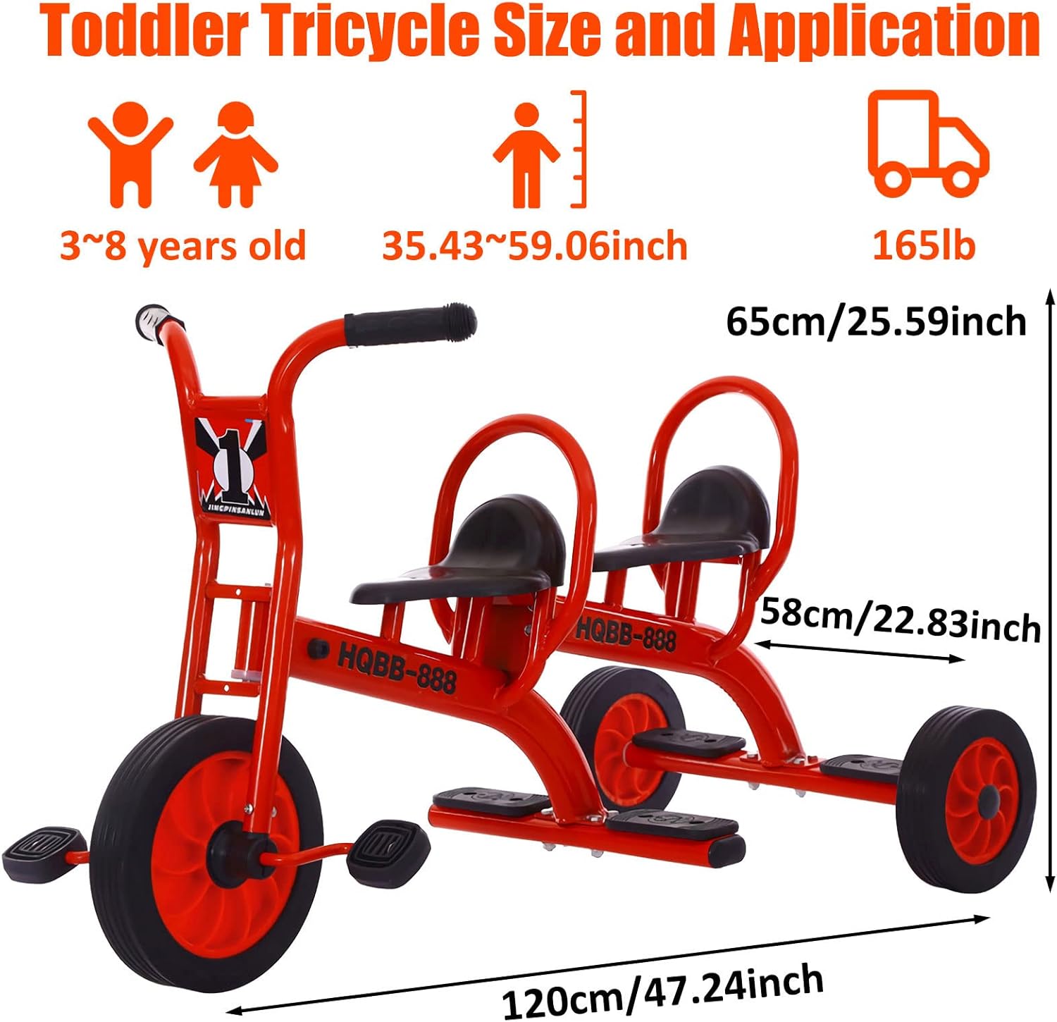 Double Seat Tandem Tricycle for Kids Ages 3-8, Carbon Steel Frame, Inflation-Free Rubber Wheels, Outdoor Play Equipment