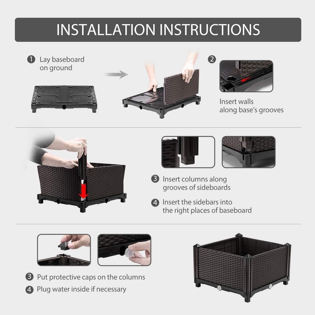 Premium Raised Garden Bed Planter Kit by Elevated �C Set of 4, Self-Watering, Reinforced PP, Rattan Pattern, 19.5���x19.5���, Brown