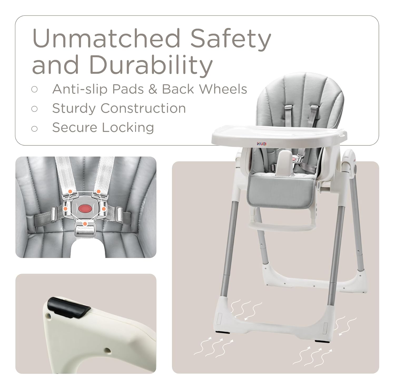 Foldable Baby High Chair with Removable Seat & Tray, Adjustable Height & Recline, Locking Wheels