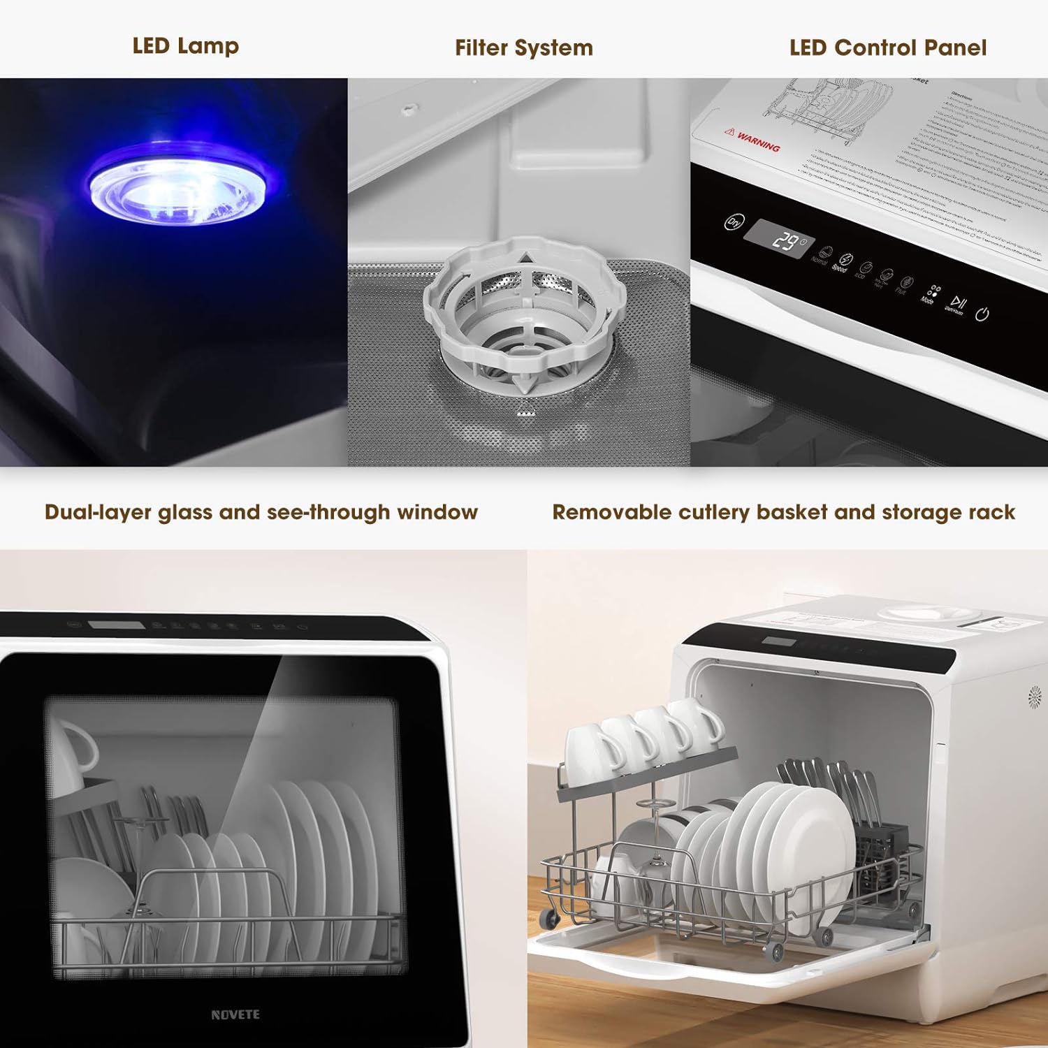 Portable Countertop Dishwashers, Compact Dishwashers with 5 L Built-in Water Tank & Inlet Hose, 5 Washing Programs, Baby Care, Air-Dry Function and LED Light for Small Apartments