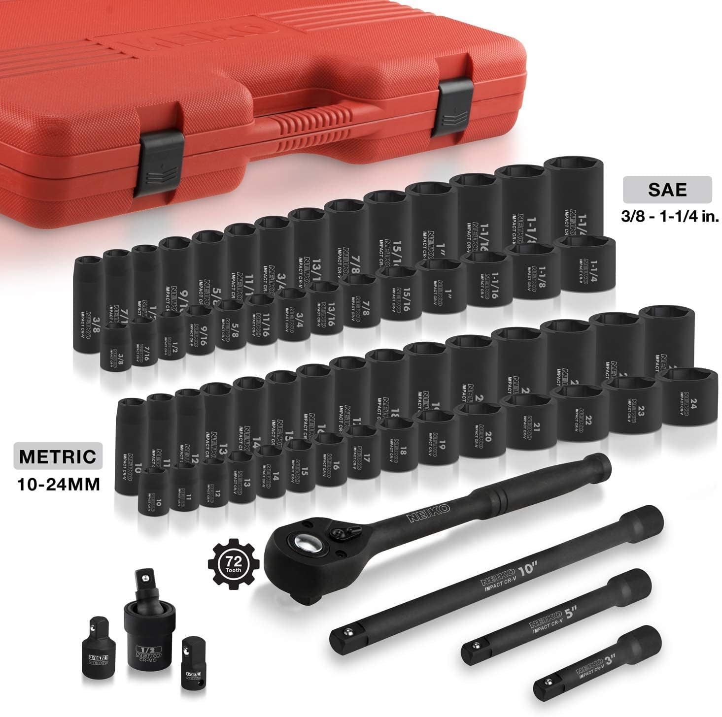 Chrome Vanadium Impact Socket Set 1/2    Drive, 65-Piece, SAE & Metric, Deep & Shallow, Includes Adapters & Ratchet Handle