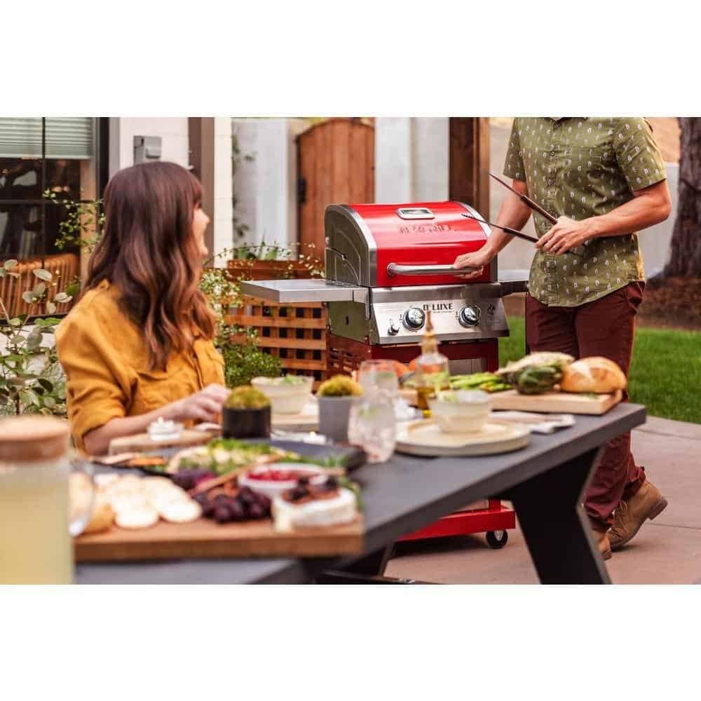 2-Burner Propane Gas Grill, Red �C Stainless Steel, 28,000 BTUs, Compact Design