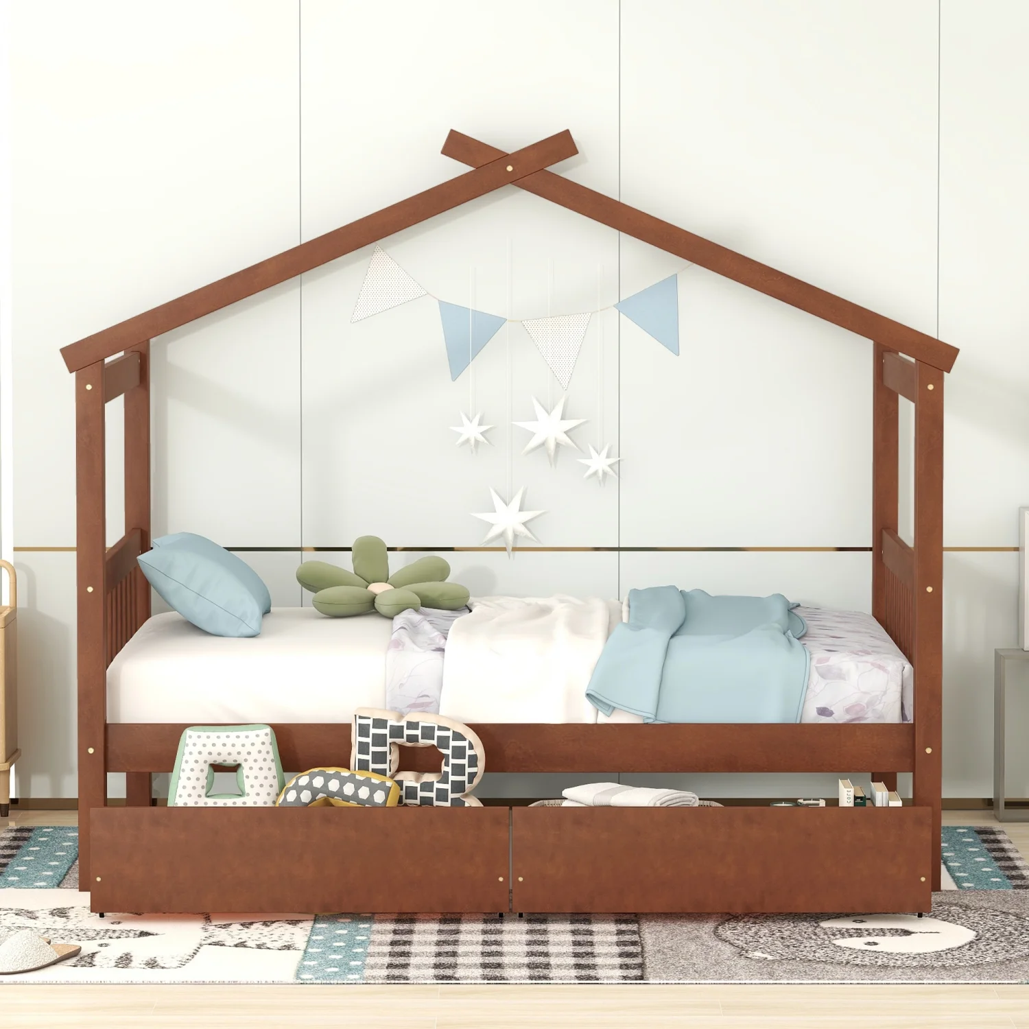 Upgrade your bedroom decor with this cozy and elegant Twin Size Wooden House Bed. Featuring spacious drawers and a stylish walnut finish this bed is the perfect addition to your bedroom.