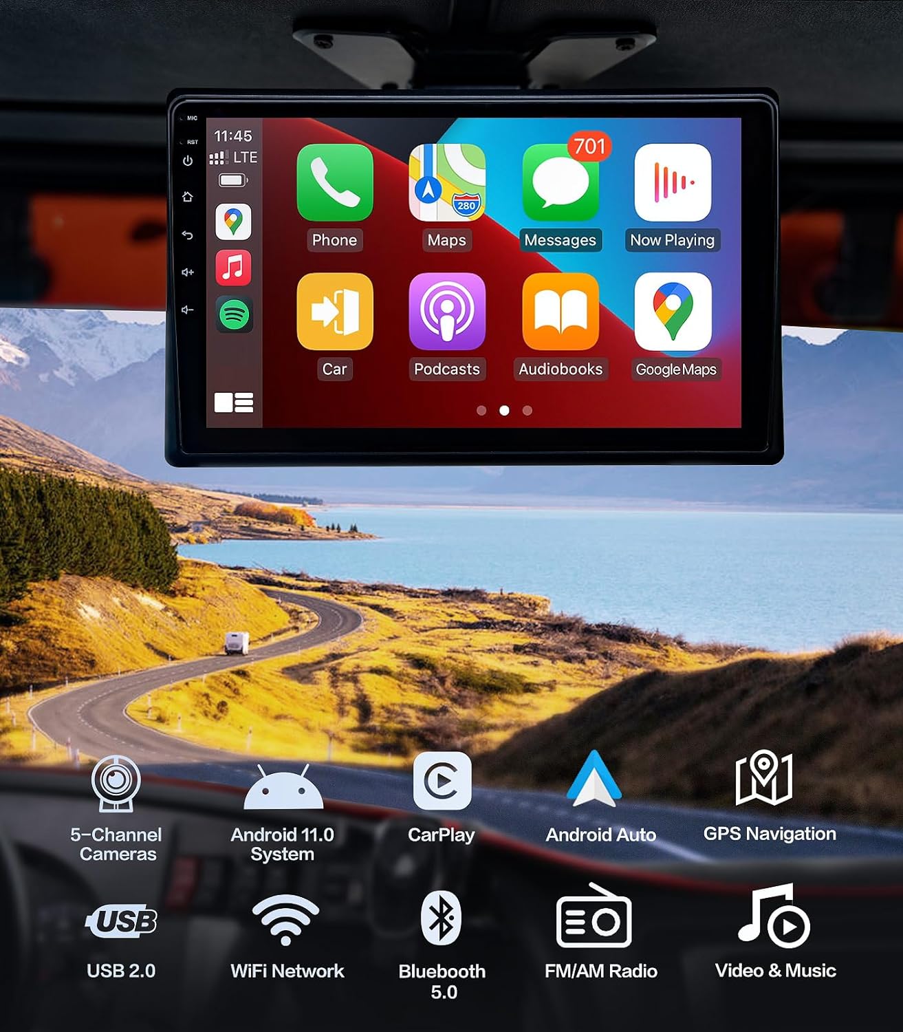 5-Channel 1080P Backup Camera Dash Cam with 9'' Monitor Android.11 System,DVR Recording Back Up Camera for RV/Truck/Van/Trailer/SUV Cars, Car Stereo with Wireless CarPlay/Android Auto/BT/FM radio/WiFi