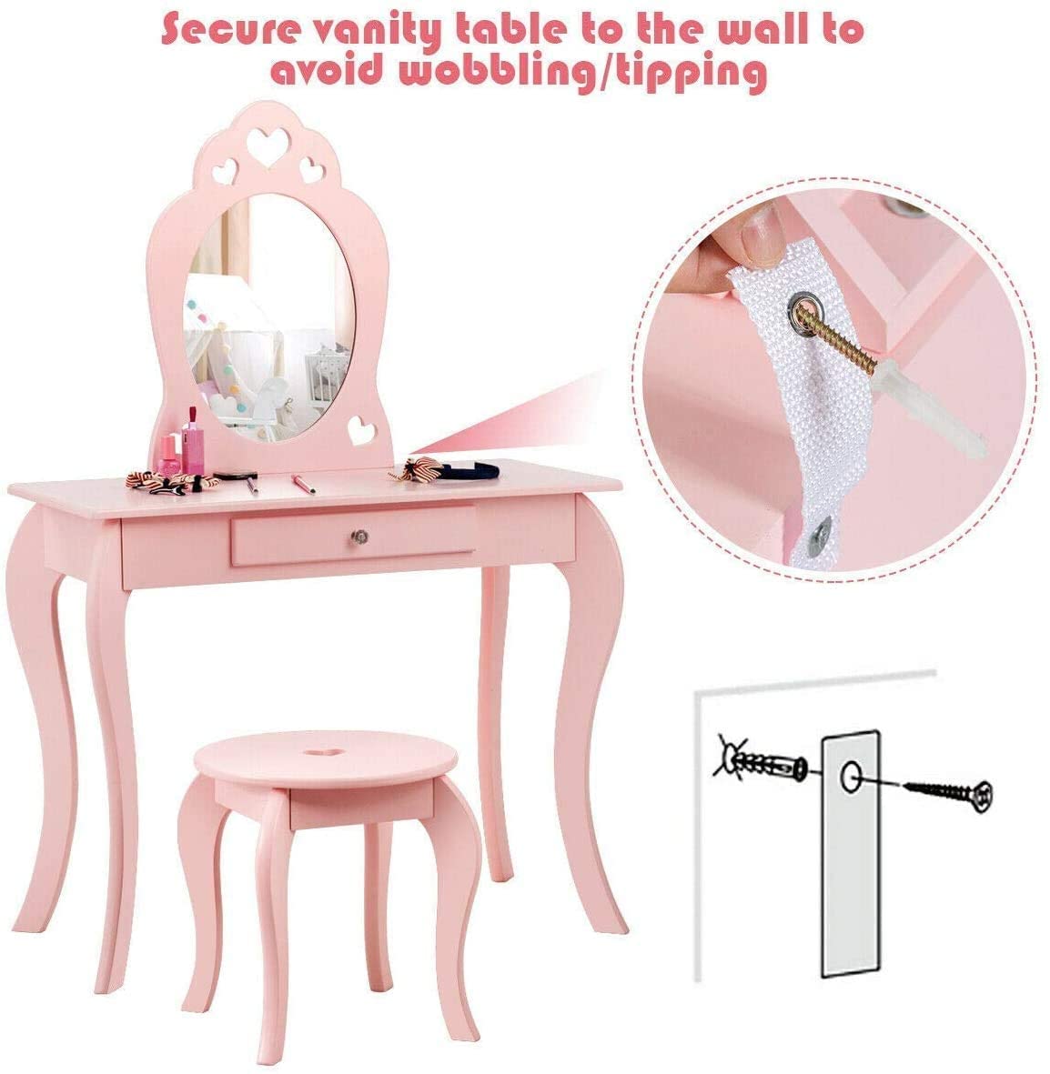 Fireflowery 2-in-1 Vanity Table with Detachable Top, Real Mirror & Drawer, Pink/White, Ideal for Girls