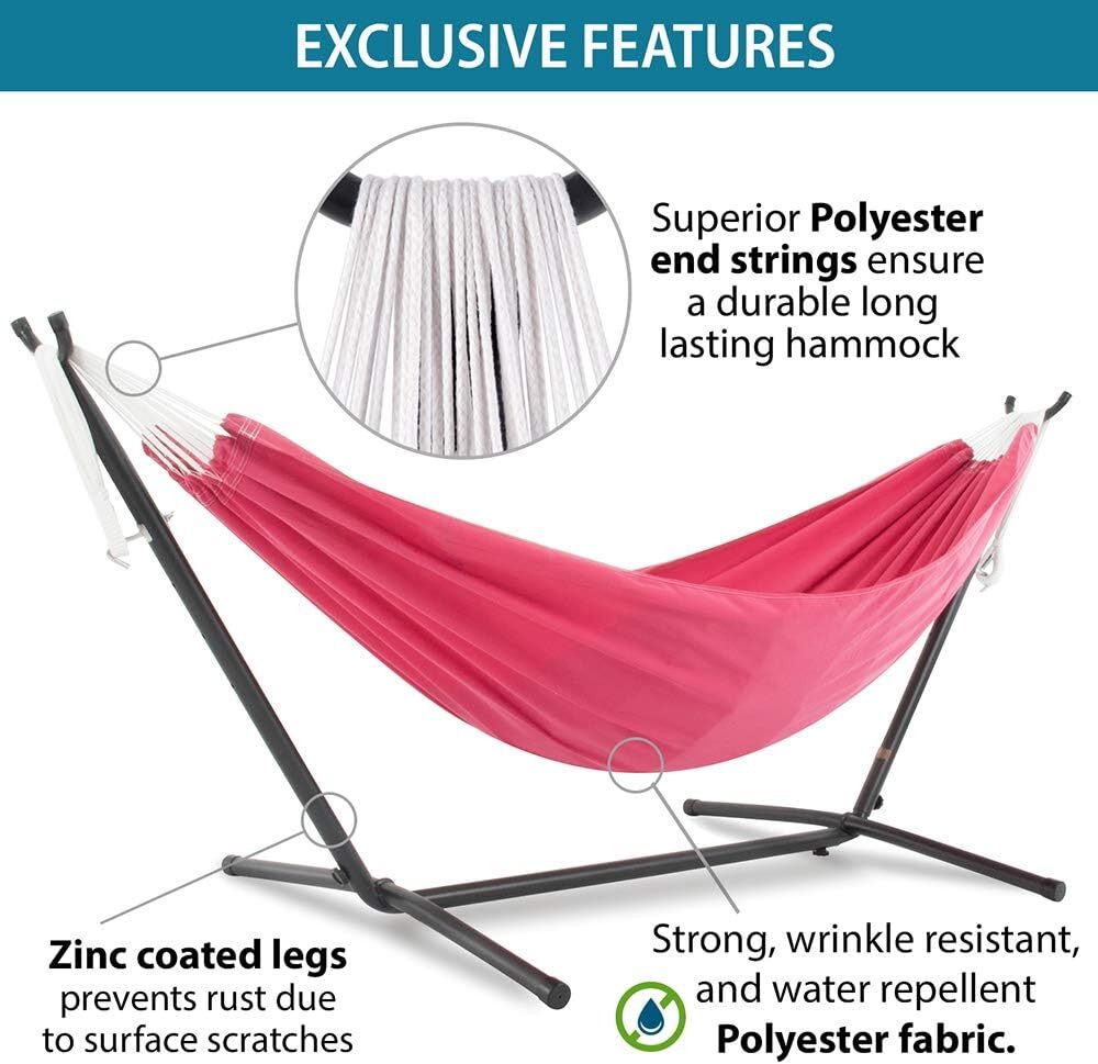 Vivere Double Cotton Hammock with Steel Stand, 450 lb Capacity, Tropical Colors, Includes Premium Carry Bag