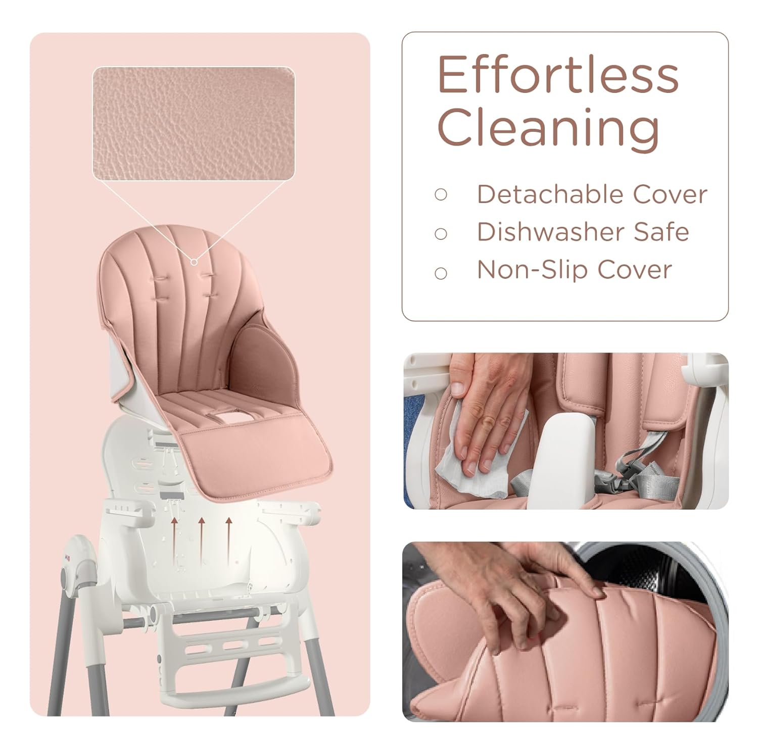 Foldable Baby High Chair with Removable Seat & Tray, Adjustable Height & Recline, Locking Wheels